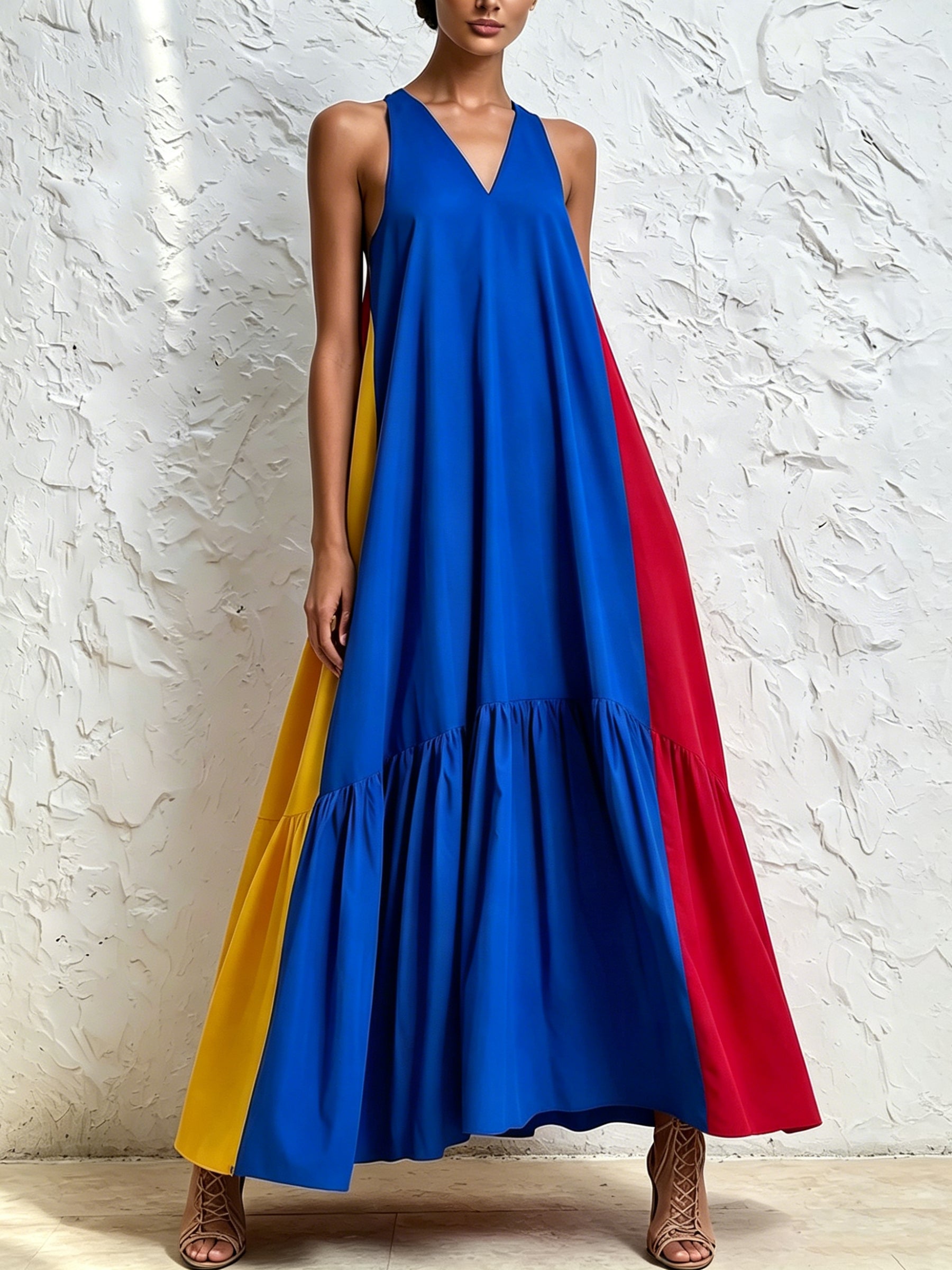 Colorblock Breeze Maxi Dress – Blue V-Neck Flow Dress With Bold Yellow & Red Side Panels