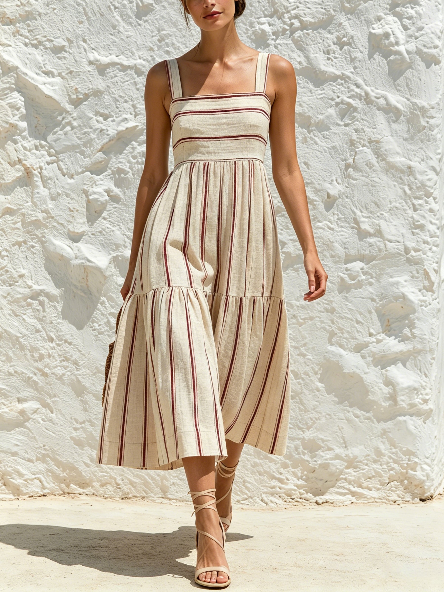 Sunset Stripe Midi Dress – Beige Linen Blend Spaghetti Strap Tiered Summer Dress