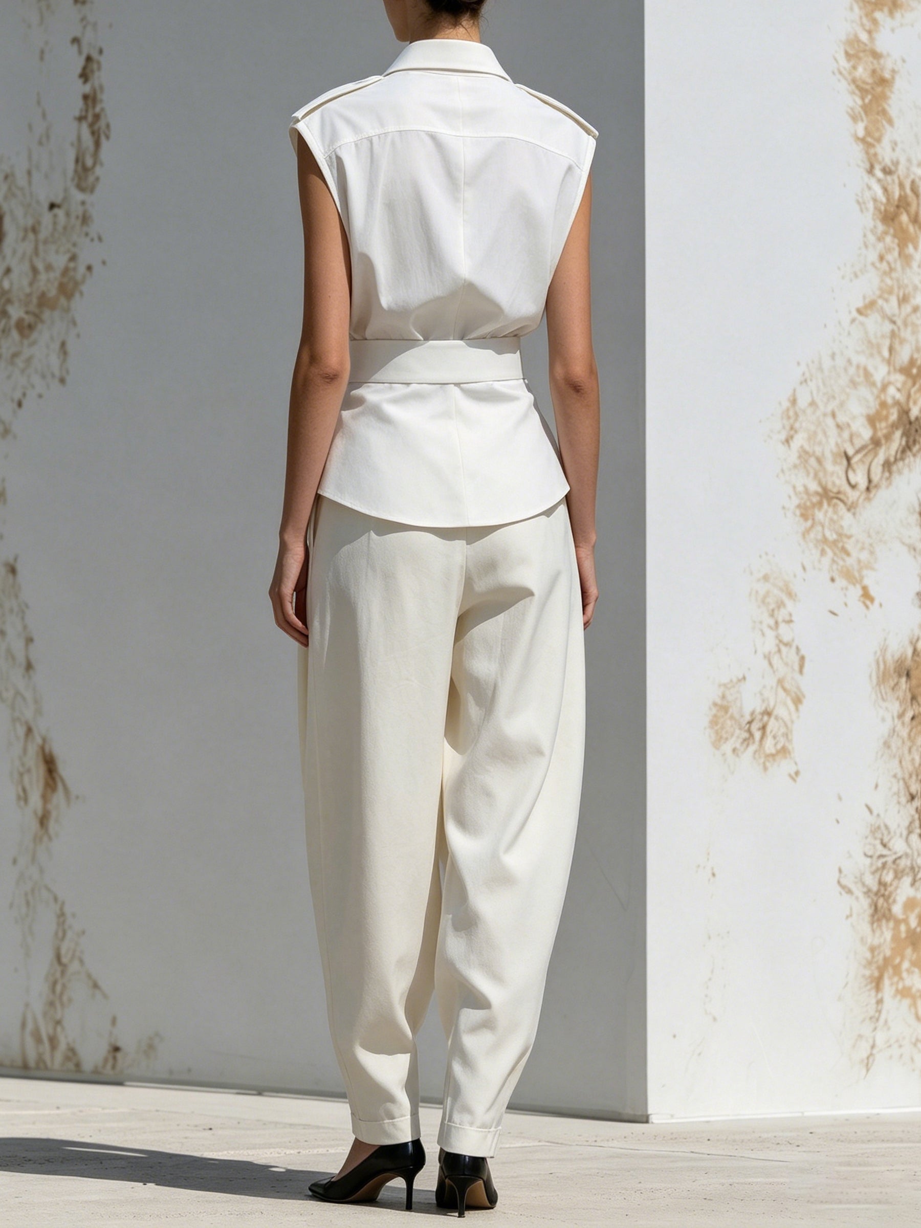 Ivory Sculpted Set – Sleeveless Pleated Shirt & High-Waist Tapered Pants Two-Piece Outfit