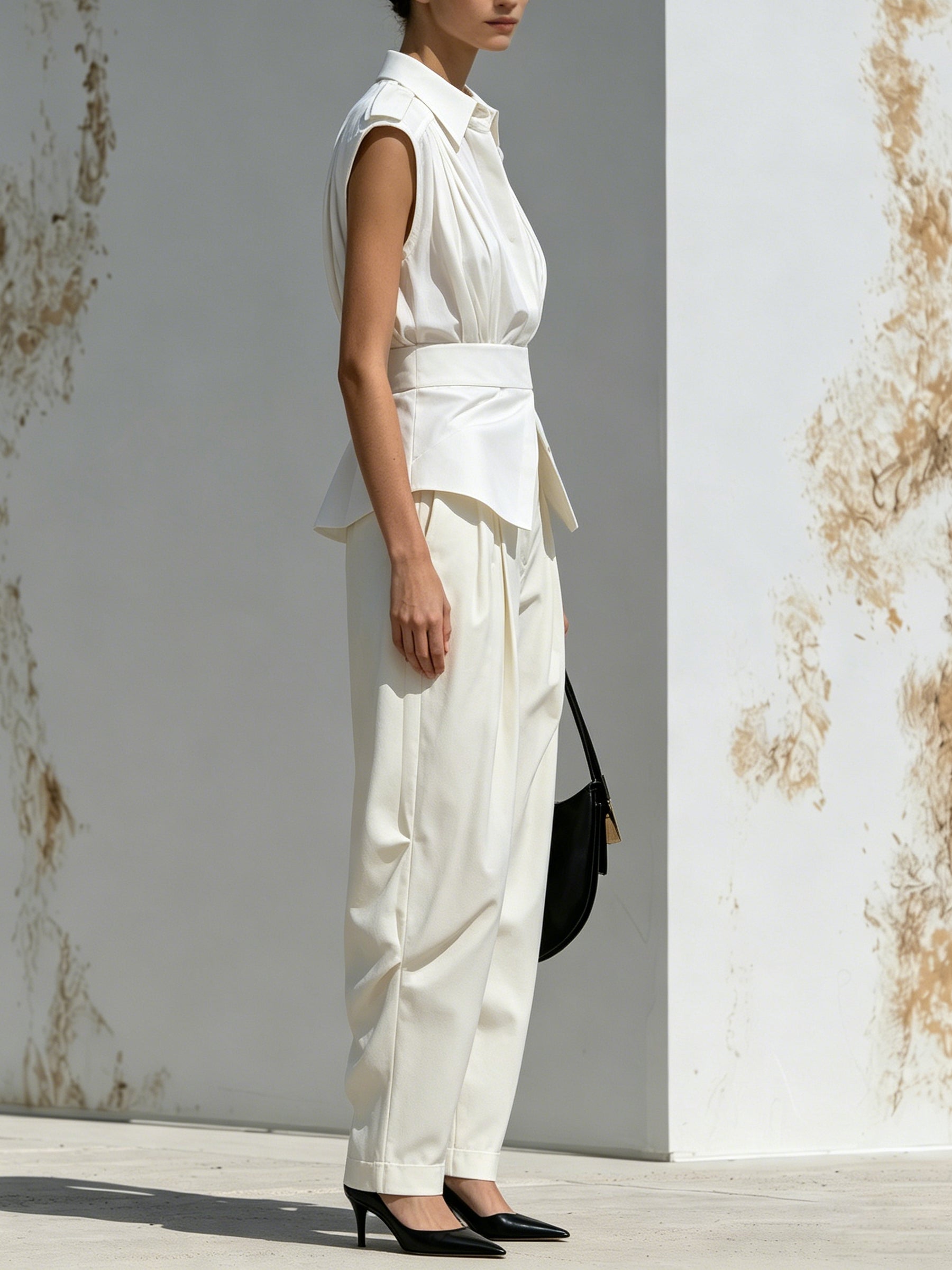 Ivory Sculpted Set – Sleeveless Pleated Shirt & High-Waist Tapered Pants Two-Piece Outfit