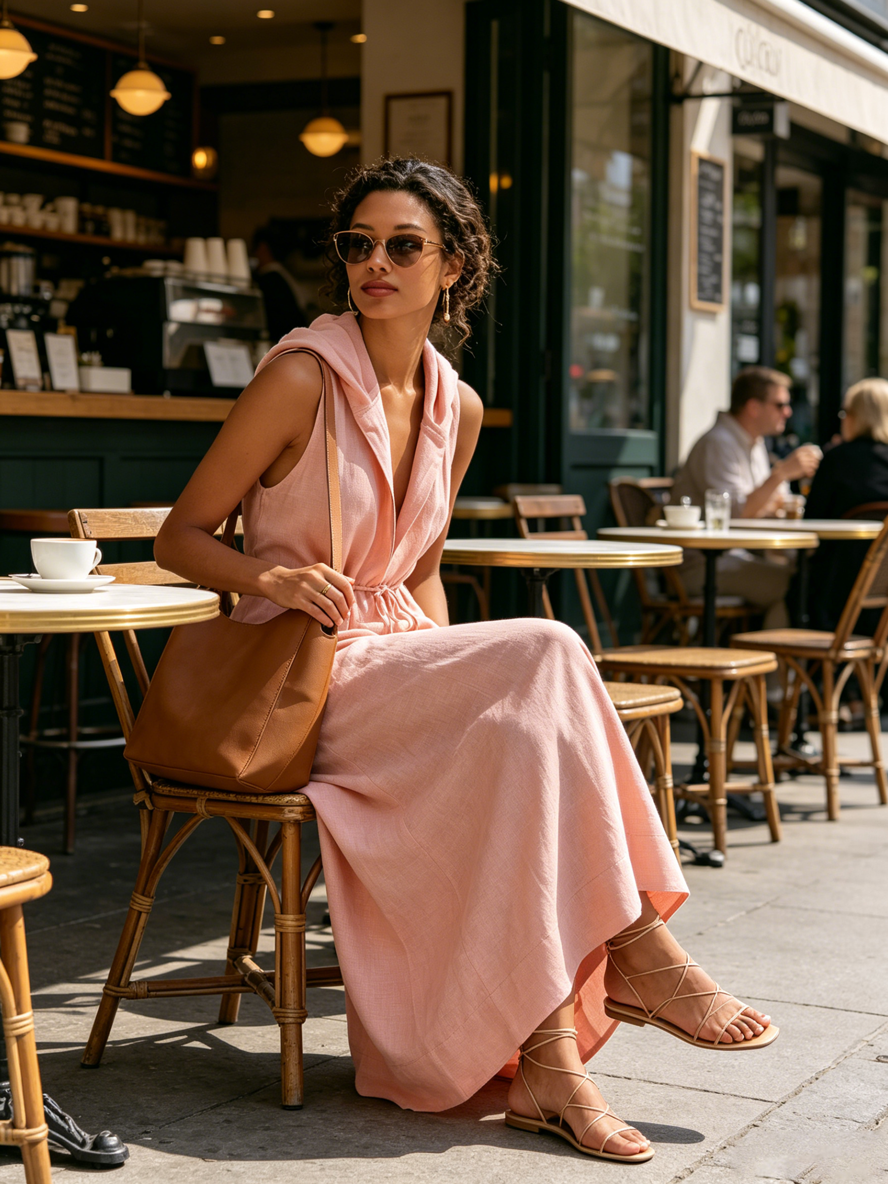 Sleeveless Hooded Linen Maxi Dress, Deep V Drawstring Waist Relaxed Flowy Vacation Dress