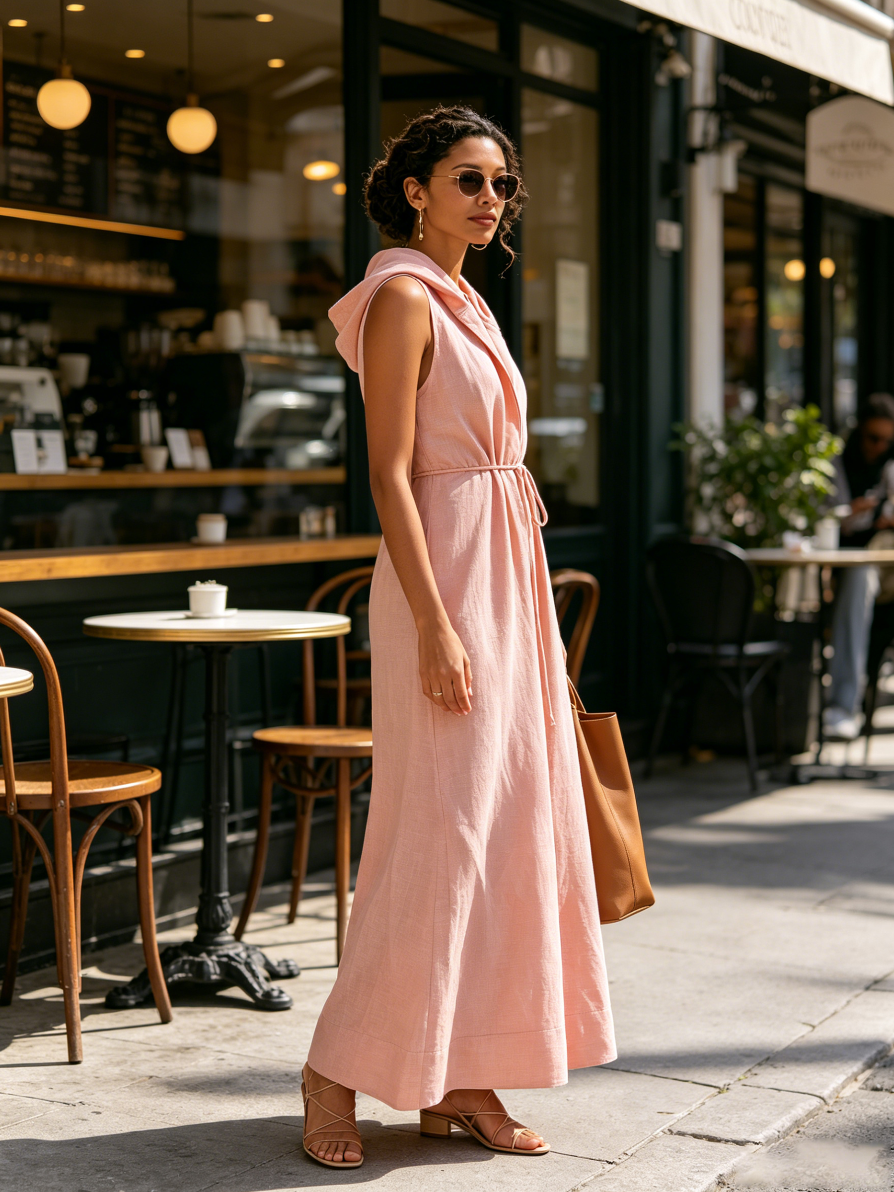 Sleeveless Hooded Linen Maxi Dress, Deep V Drawstring Waist Relaxed Flowy Vacation Dress