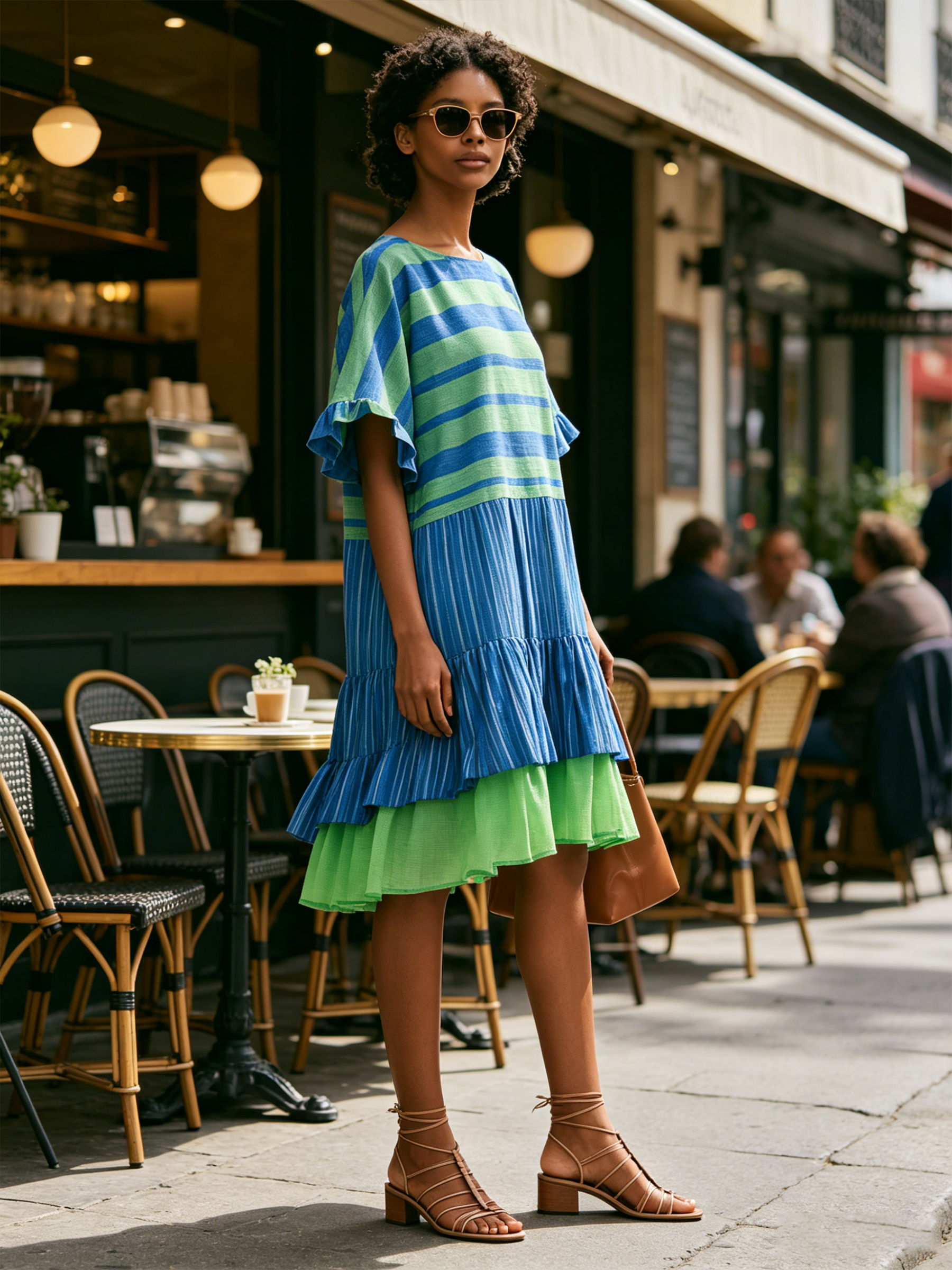 Color Block Striped Ruffle Mini Dress,