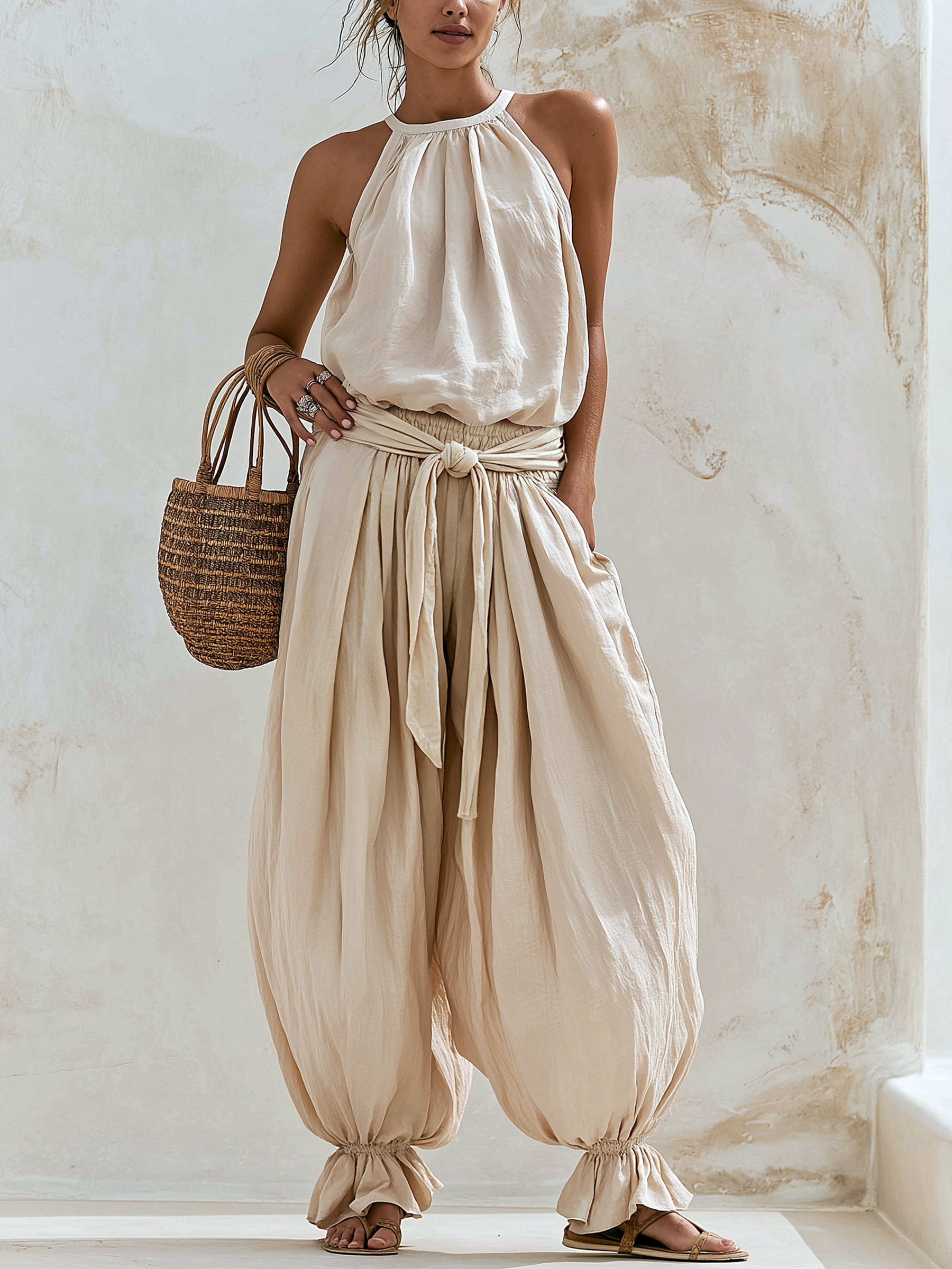 Cream Halter Two-Piece Linen Set