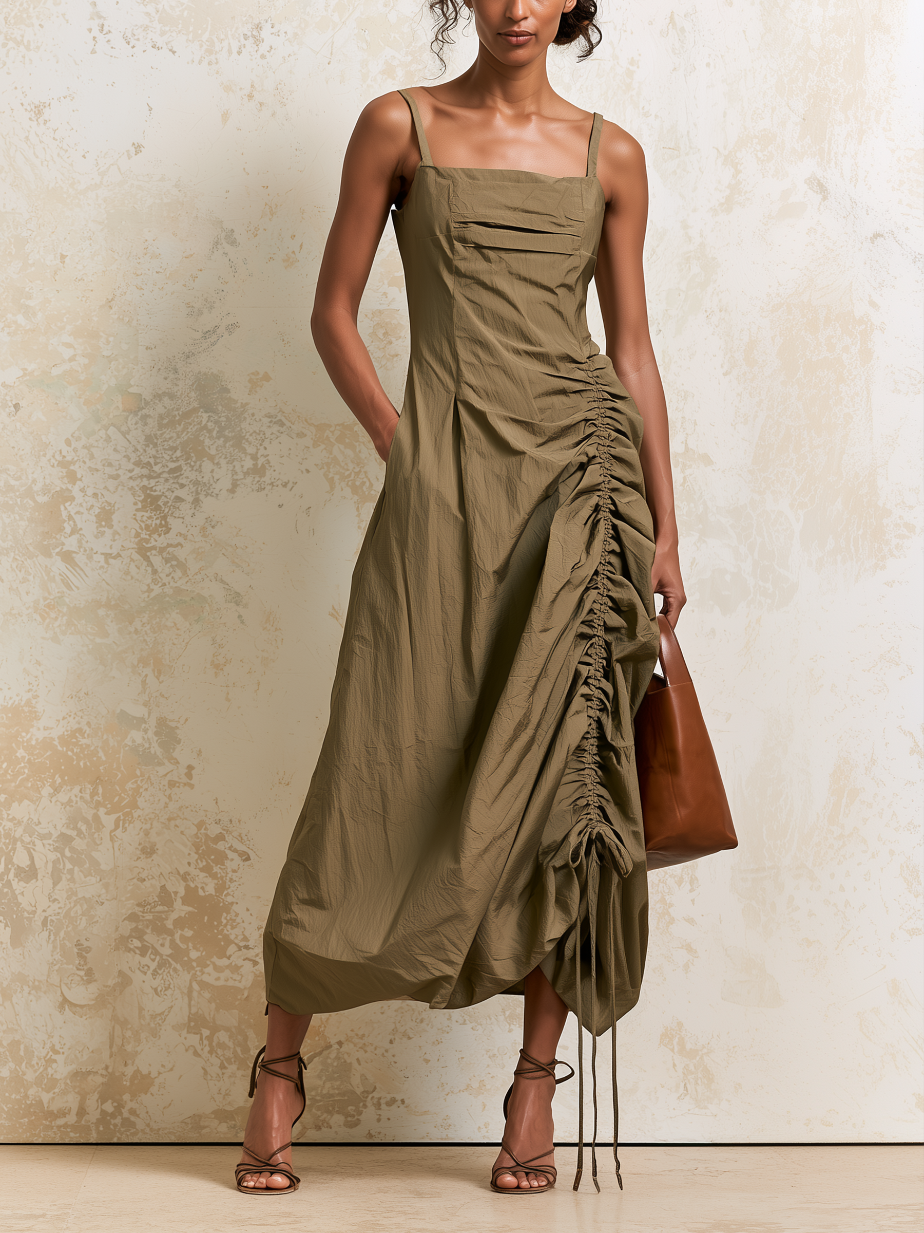Olive Square Neck Spaghetti Strap Midi Dress,