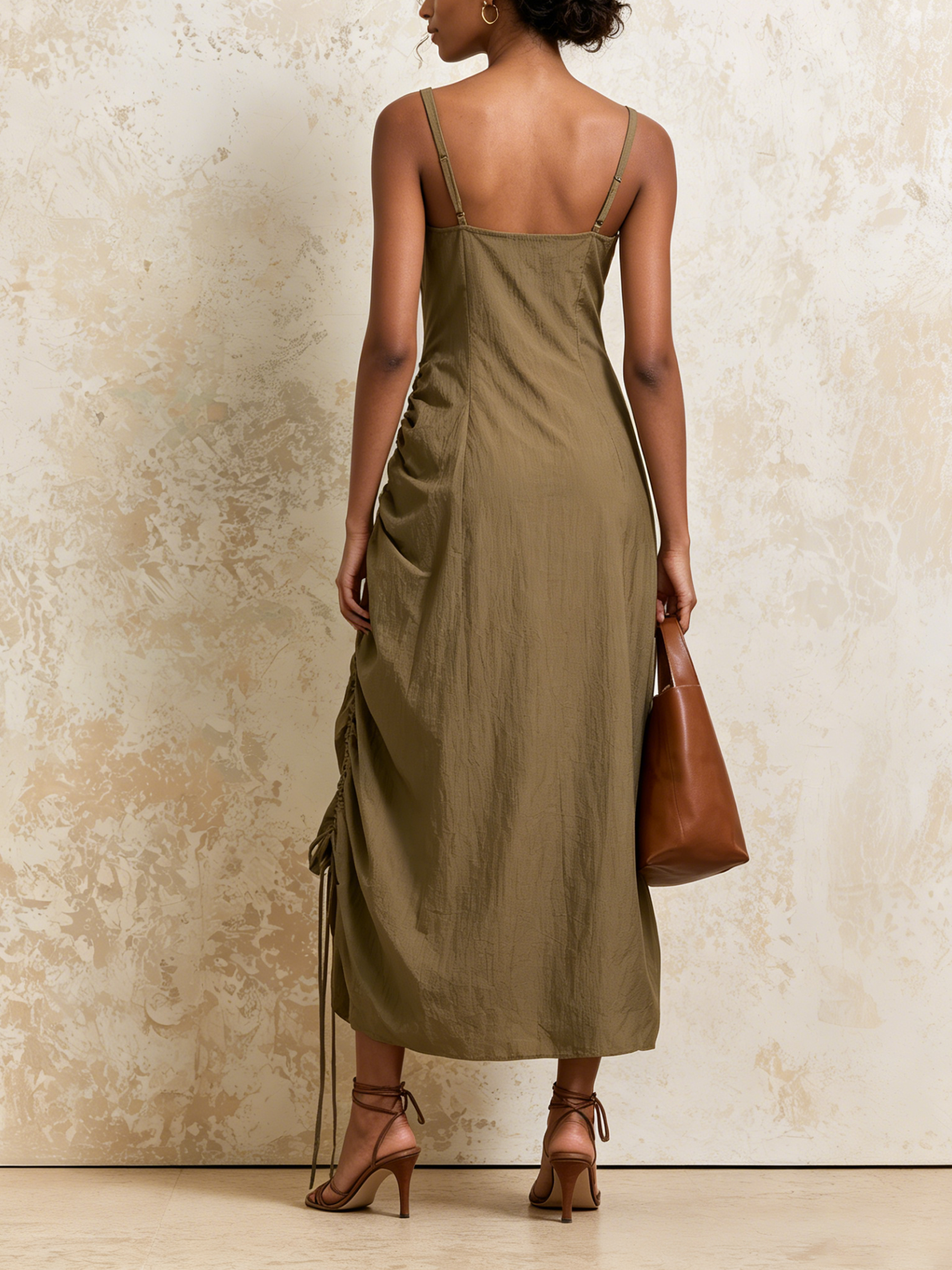 Olive Square Neck Spaghetti Strap Midi Dress,