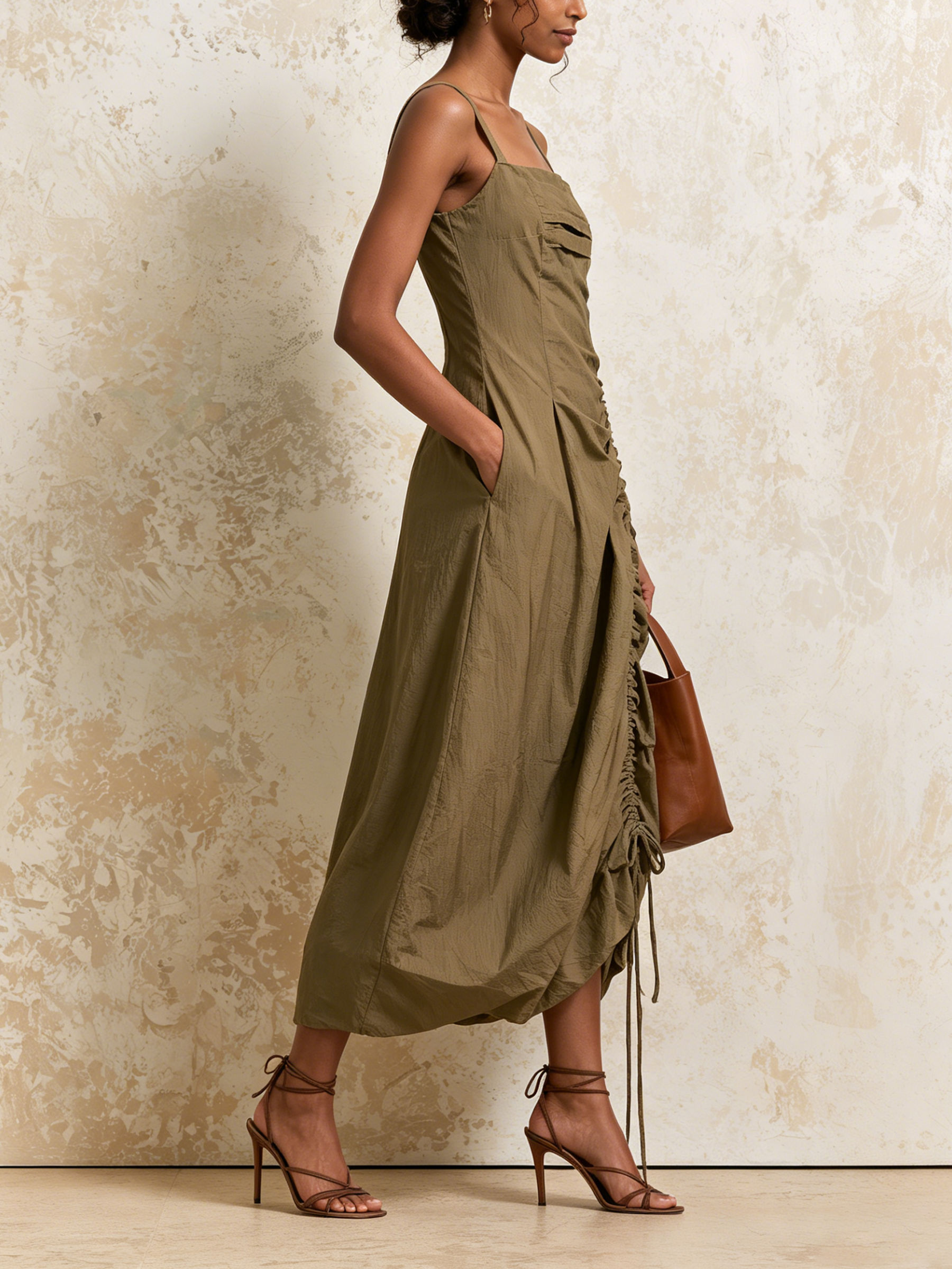 Olive Square Neck Spaghetti Strap Midi Dress,