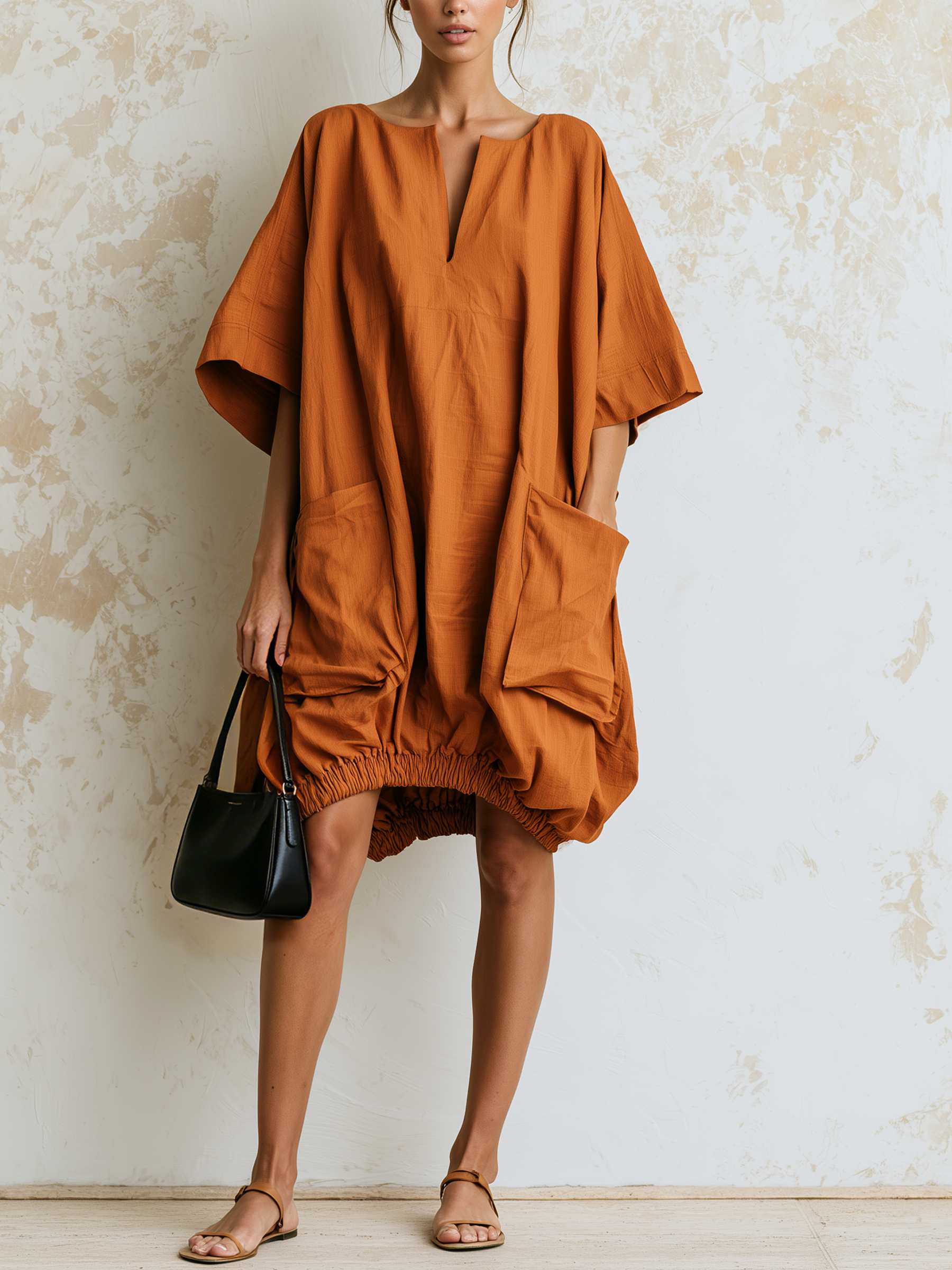 Burnt Orange Oversized Balloon Hem Tunic Dress