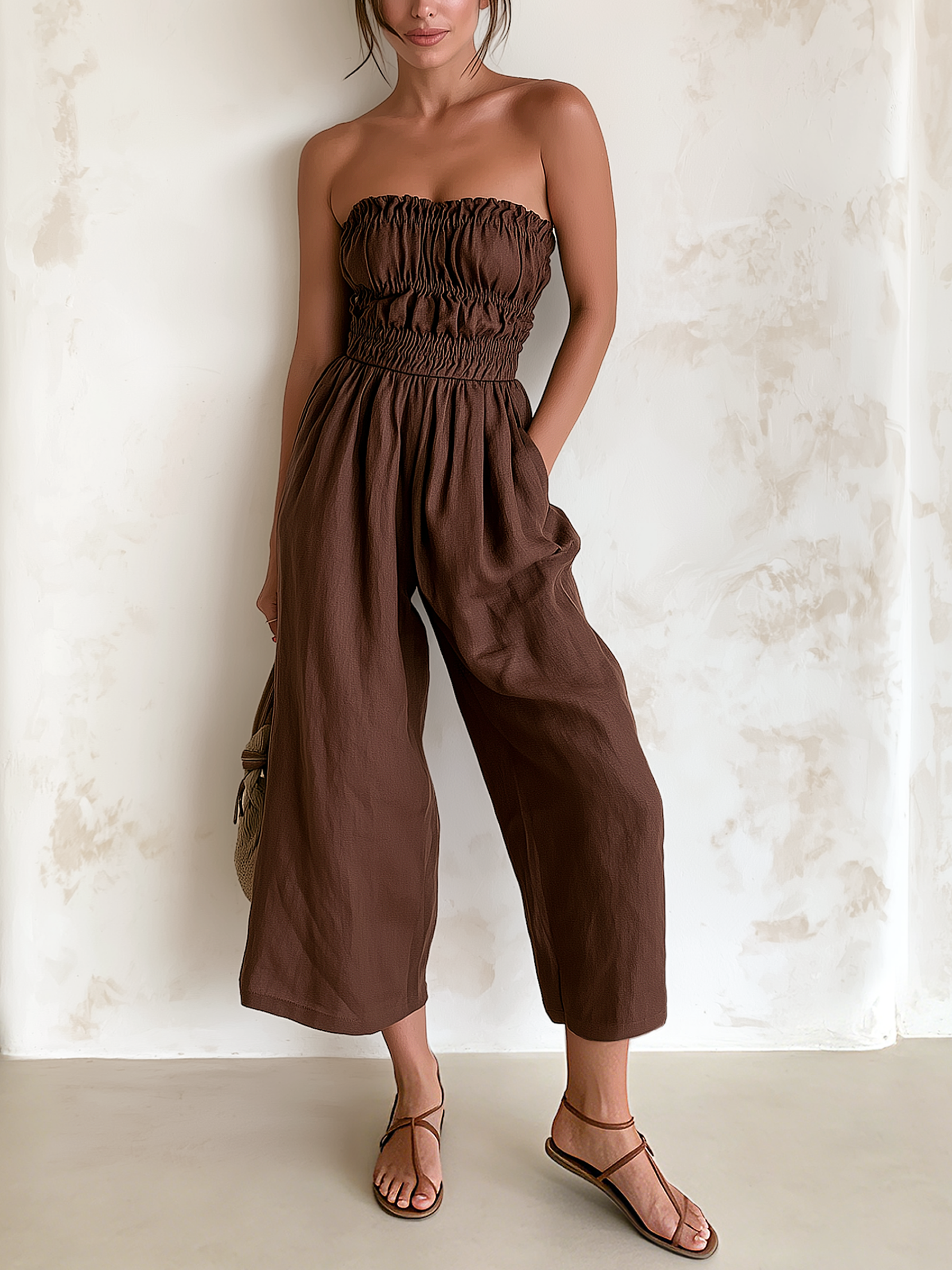 Dark Brown Smocked Strapless Wide-Leg Culotte Jumpsuit