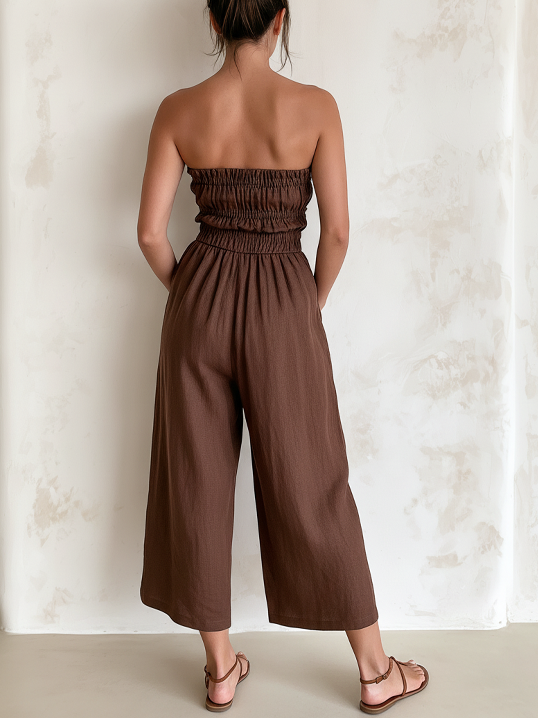 Dark Brown Smocked Strapless Wide-Leg Culotte Jumpsuit