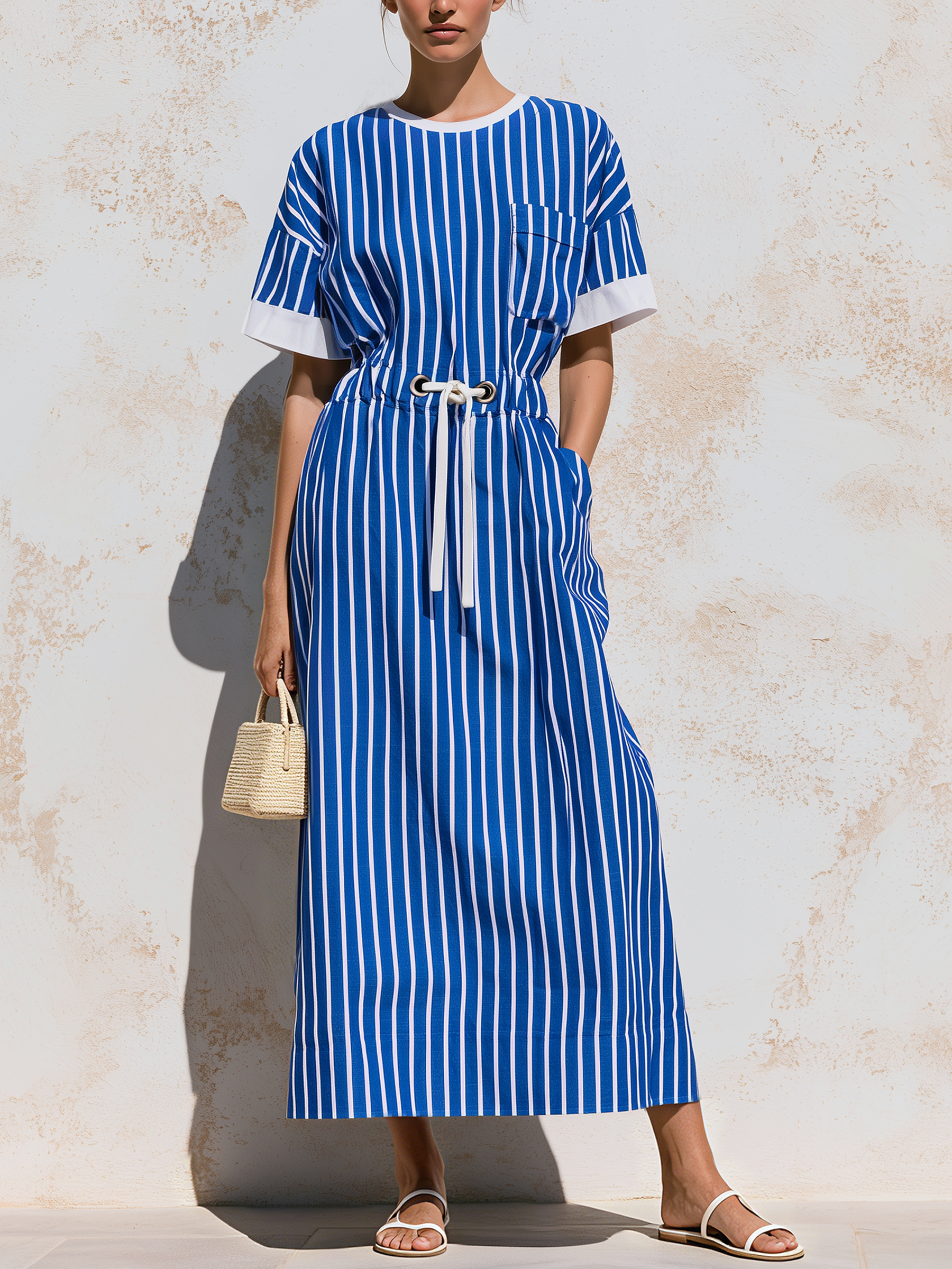 Blue & White Vertical Stripe Drawstring Waist Maxi Dress