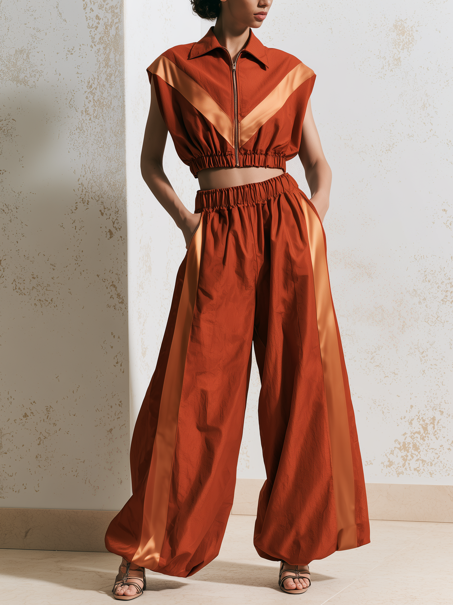 Rust Orange Satin Contrast 2-Piece Outfit, Sleeveless Zip Crop Shirt & Elastic High Waist Wide Leg Trousers Set