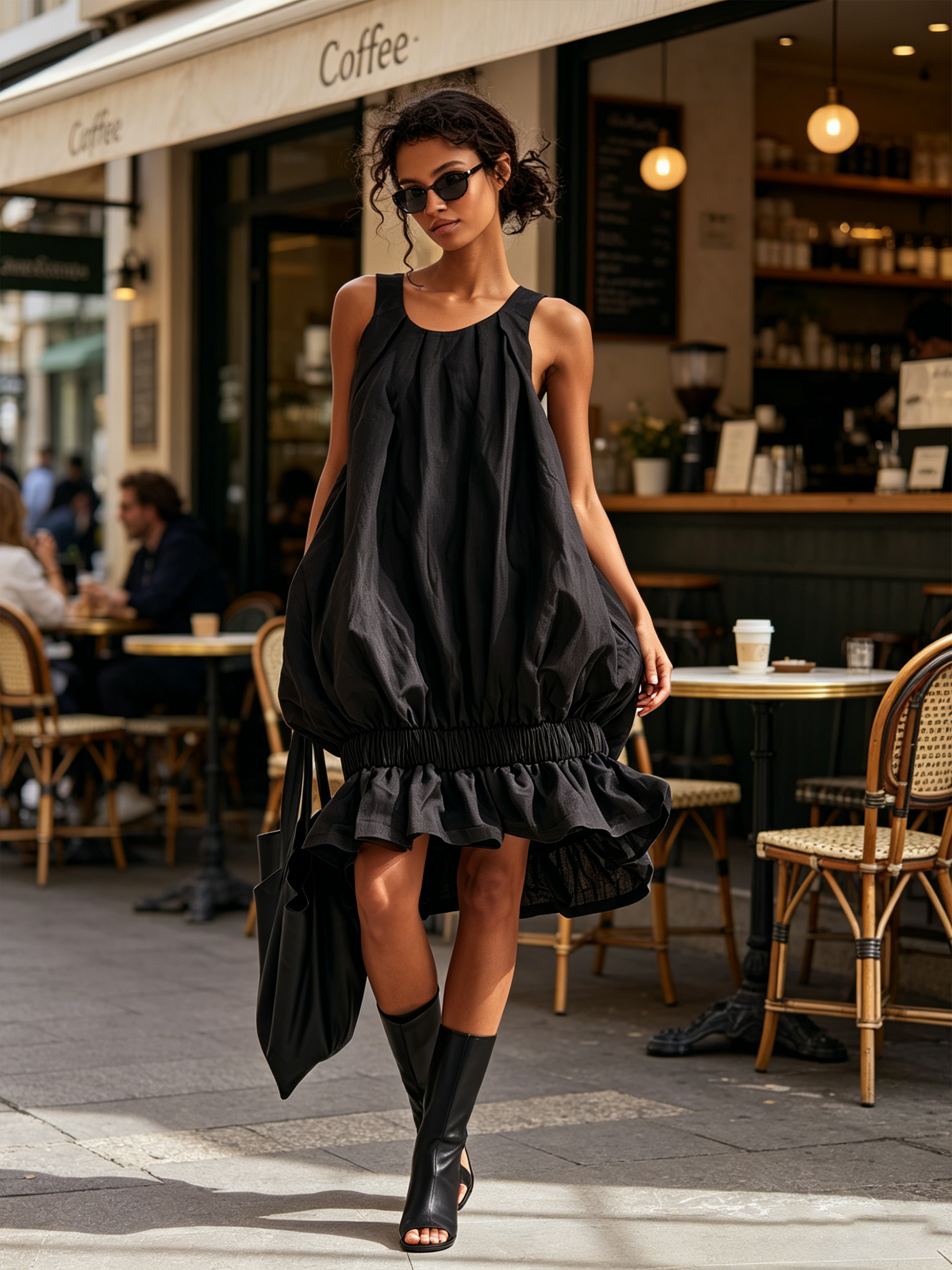 Black Sleeveless Bubble Midi Dress Gathered Elastic Waist Ruffle Hem Loose Tent Dress