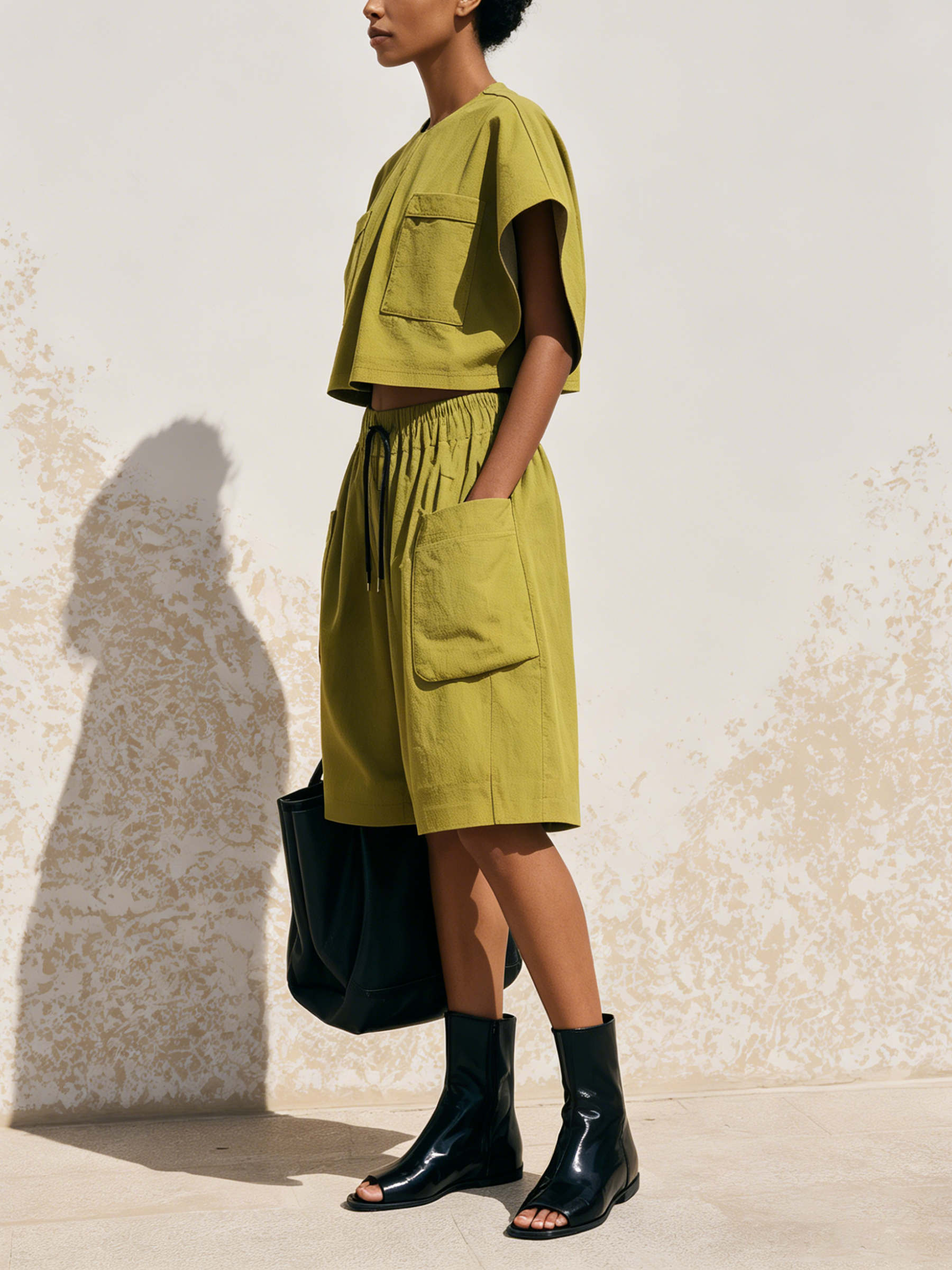 Olive Green Cargo Two-Piece Set Cropped Batwing Top & Elastic Waist Wide Culotte Shorts