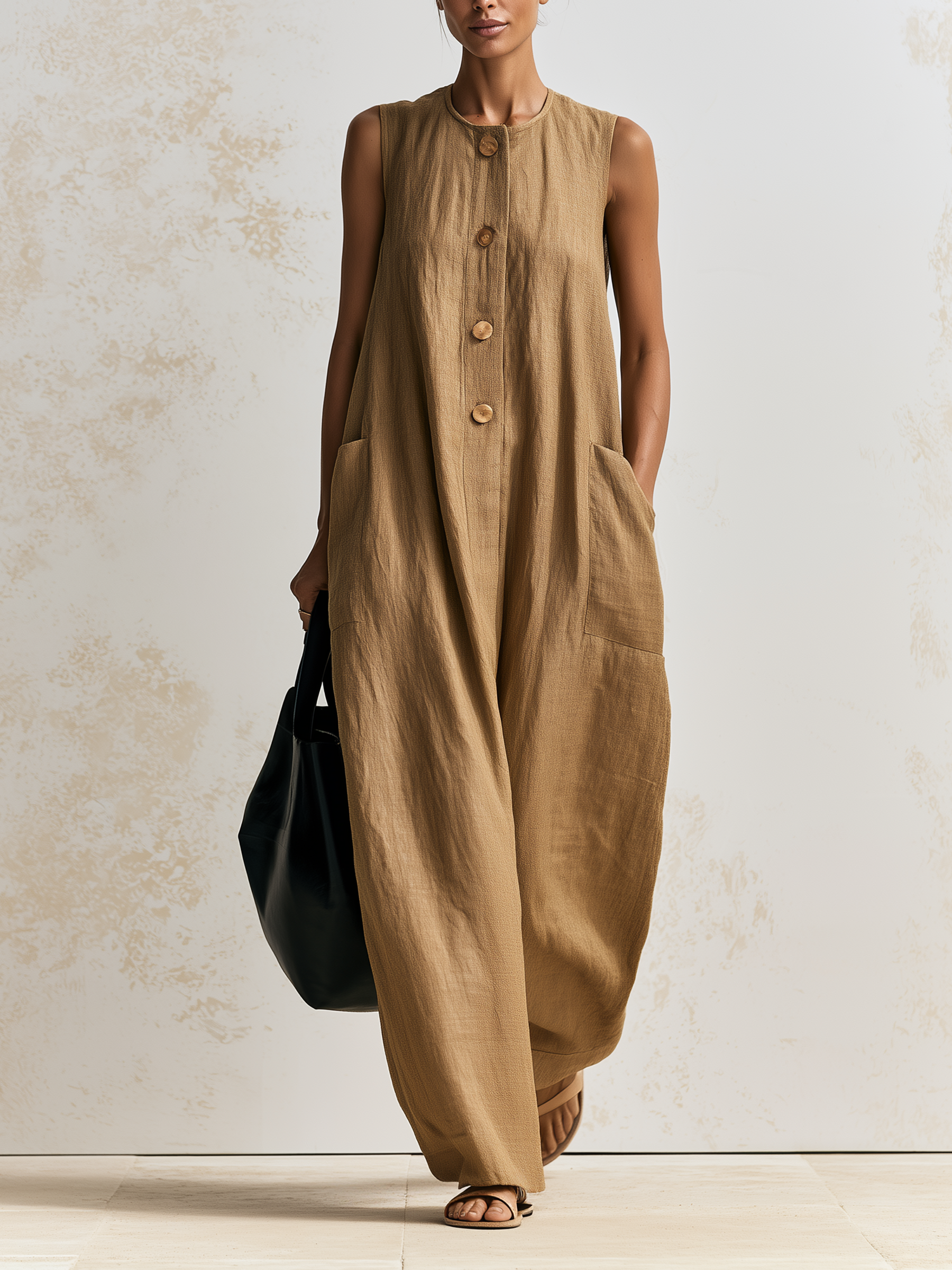Neutral Khaki Sleeveless Linen Wide-Leg Jumpsuit Round Neck Wooden Button Front Oversized Side Pocket Casual Overall