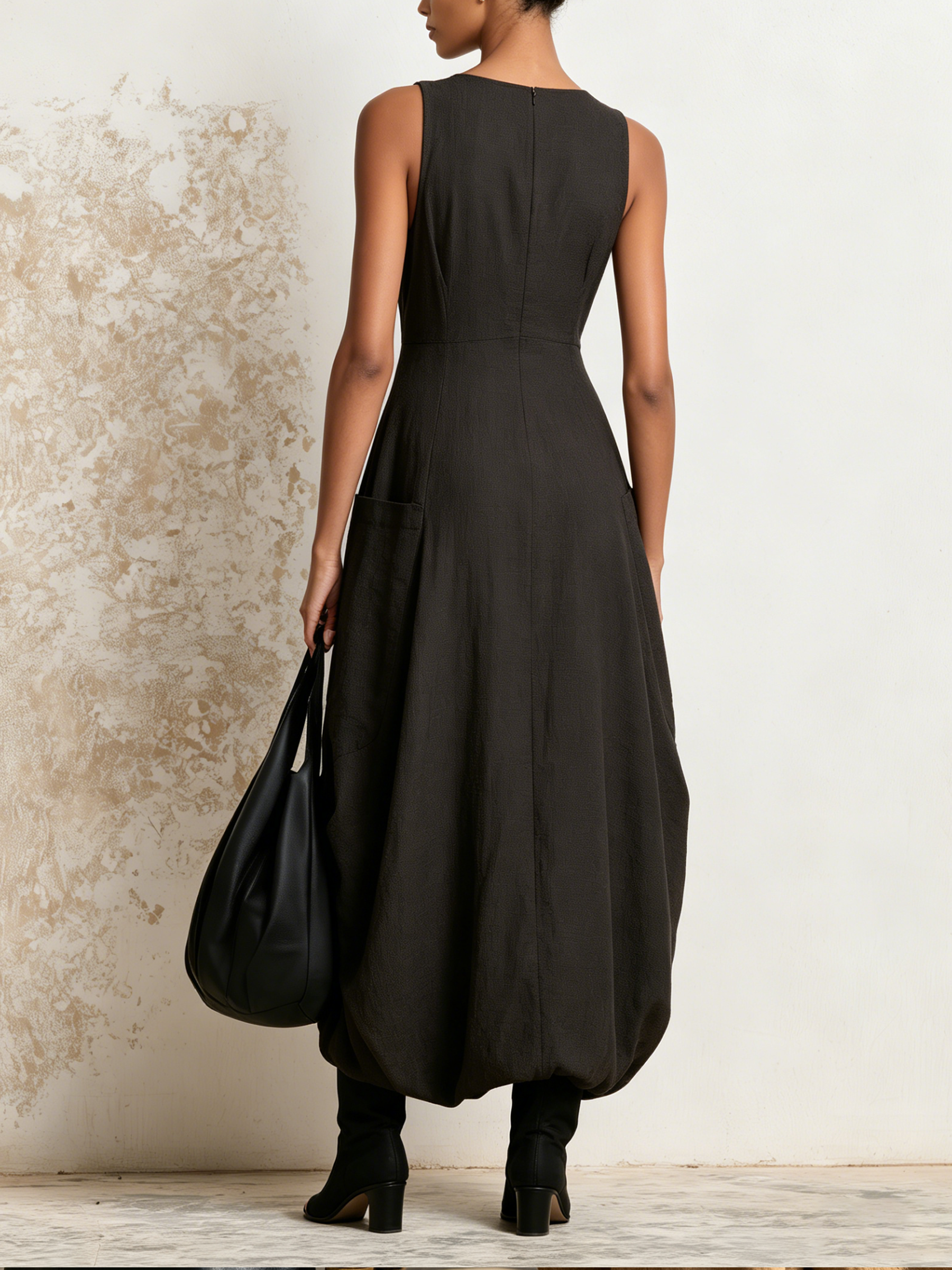 Minimalist Black Sleeveless Balloon Midi Dress Square Neck Wooden Button Front Big Side Pocket Linen Blend Dress