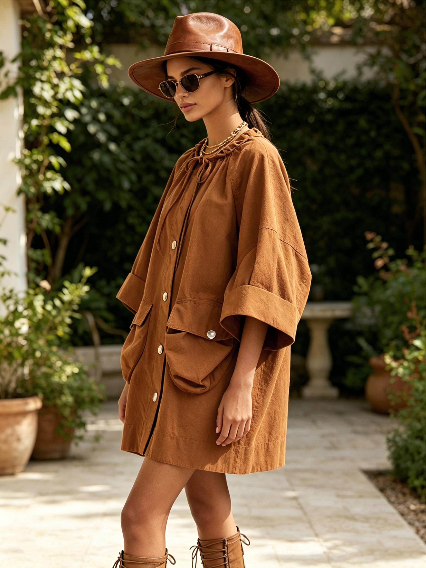 Rust Gathered Neck Utility Shirt Mini Dress