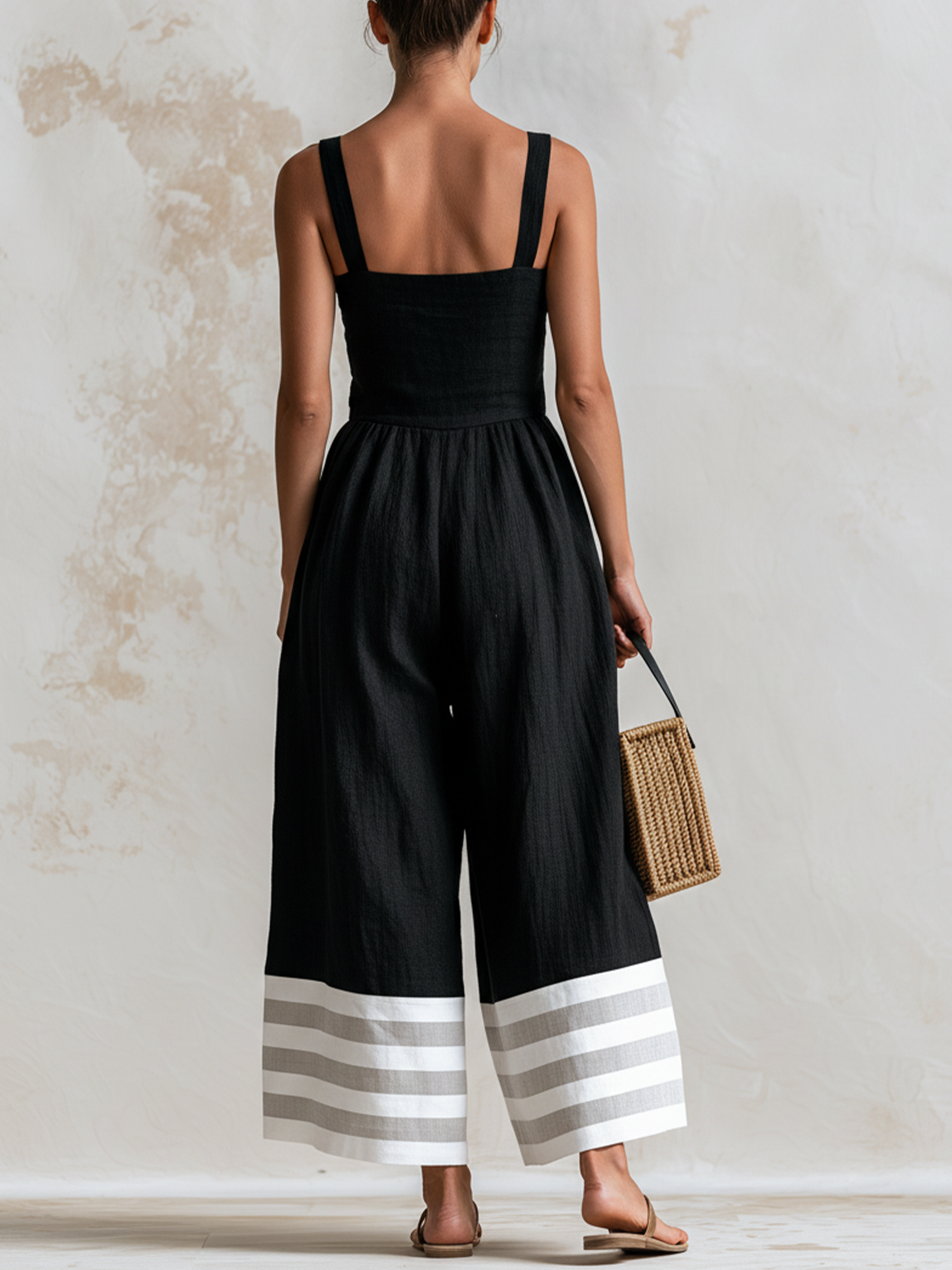 Black Square Neck Stripe Hem Wide-Leg Culotte Jumpsuit