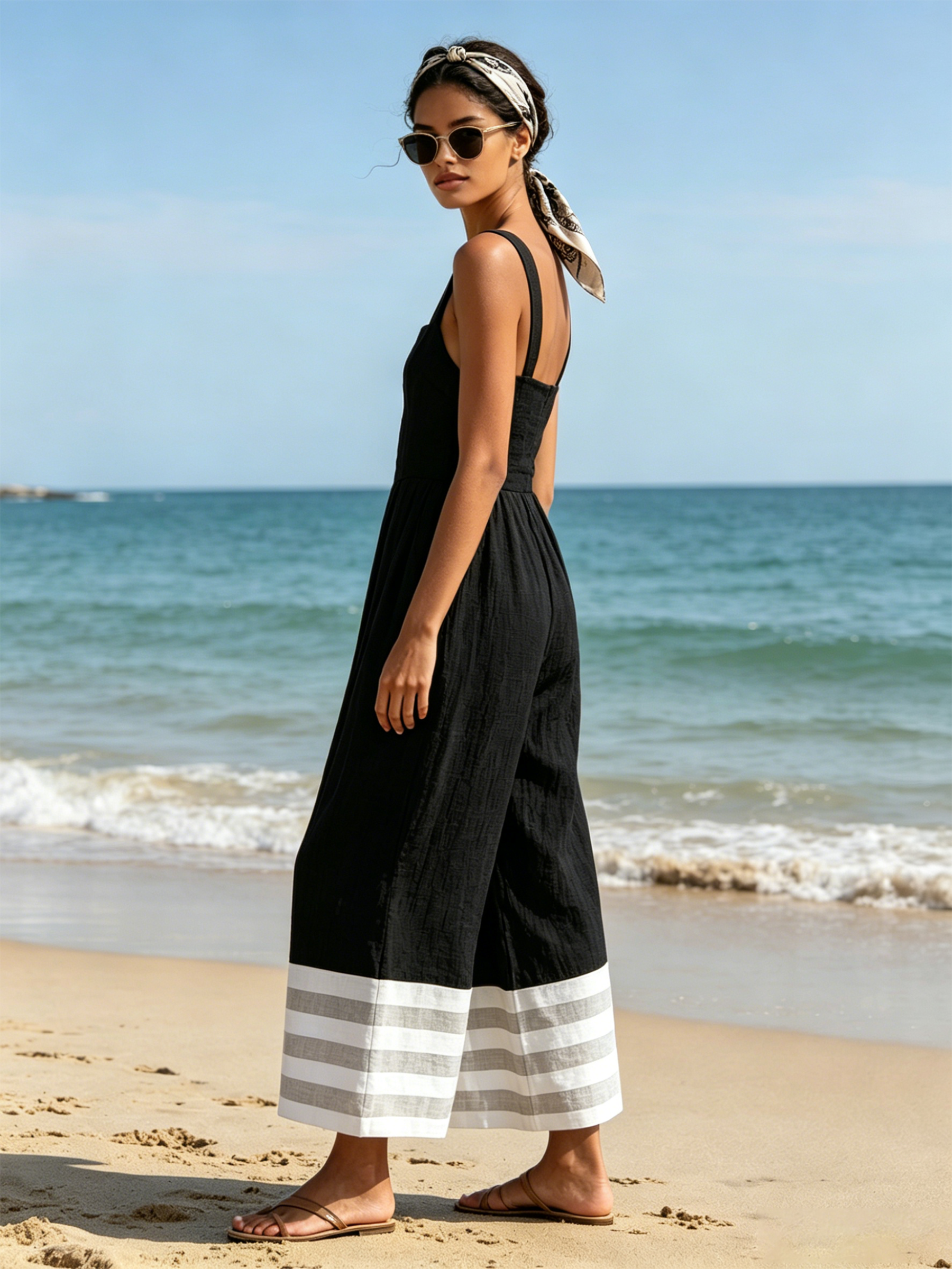 Black Square Neck Stripe Hem Wide-Leg Culotte Jumpsuit