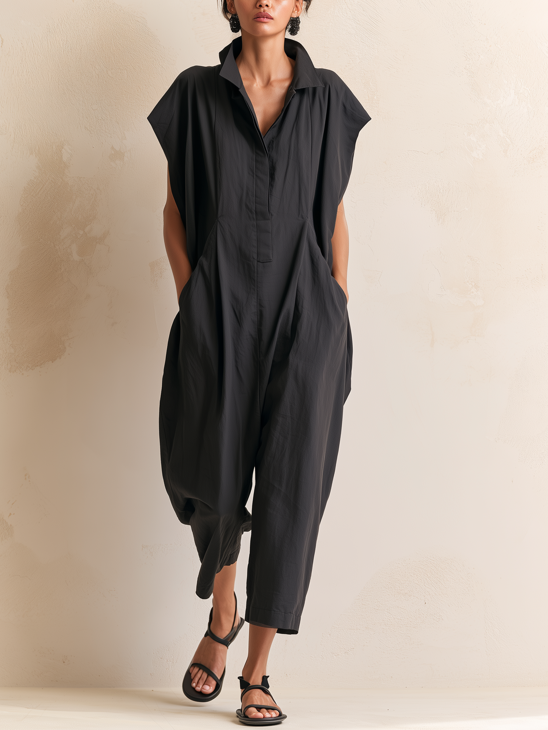 Dark Grey Oversized Collared Sleeveless Harem Jumpsuit