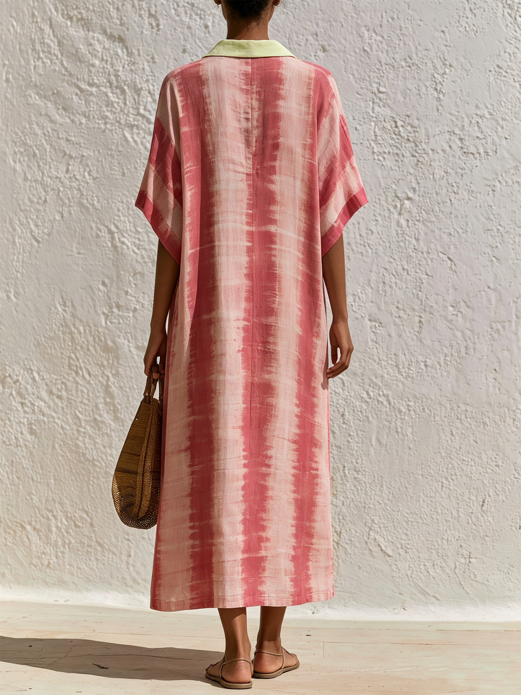 Pink Tie-Dye Contrast Collar Oversized Linen Kaftan Dress