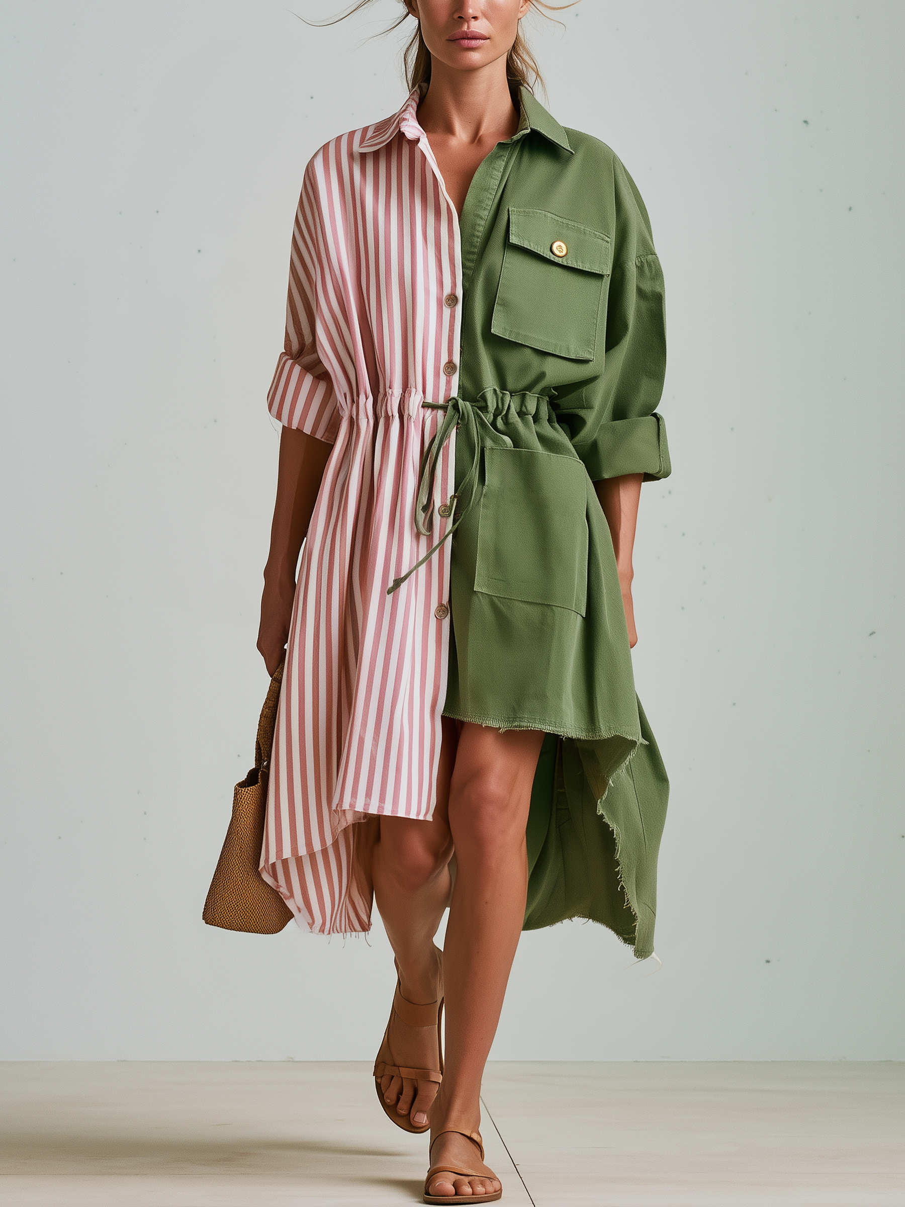 Two-Tone Color Block Shirt Midi Dress, Pink Stripes & Army Green Patchwork Drawstring Waist Oversized Casual Dress