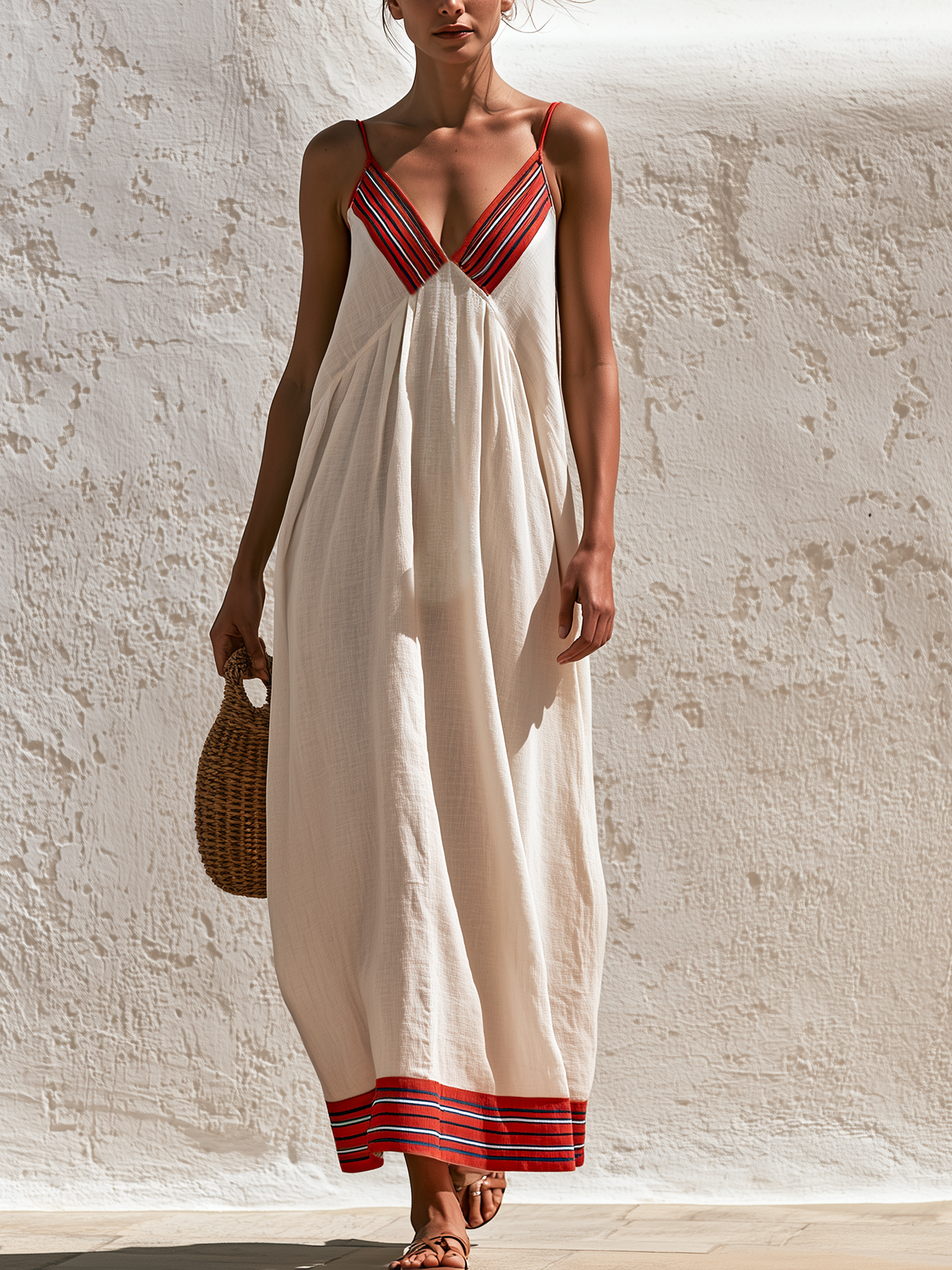 Off-White Striped Trim Empire Maxi Slip Dress