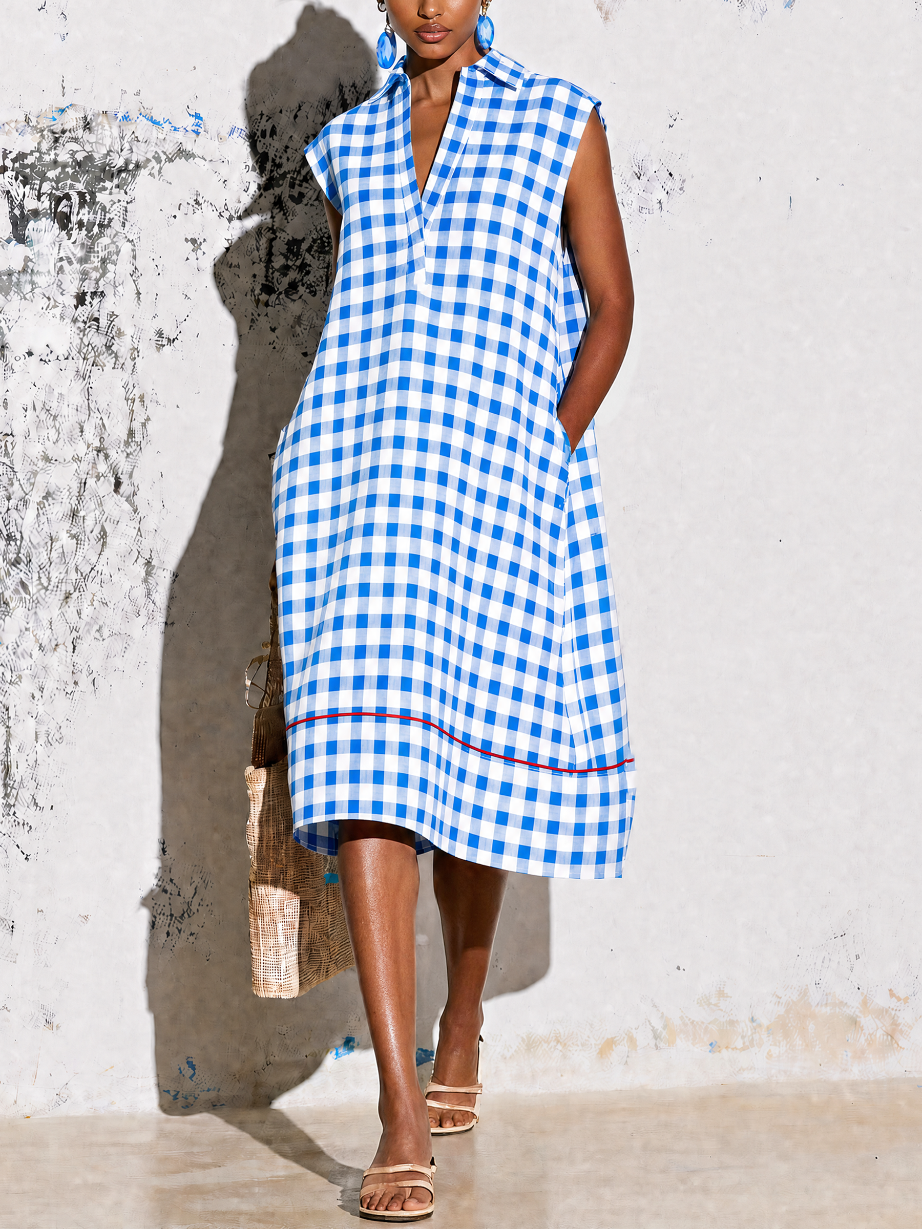 Blue White Gingham Sleeveless Collared Midi Dress With Red Hem