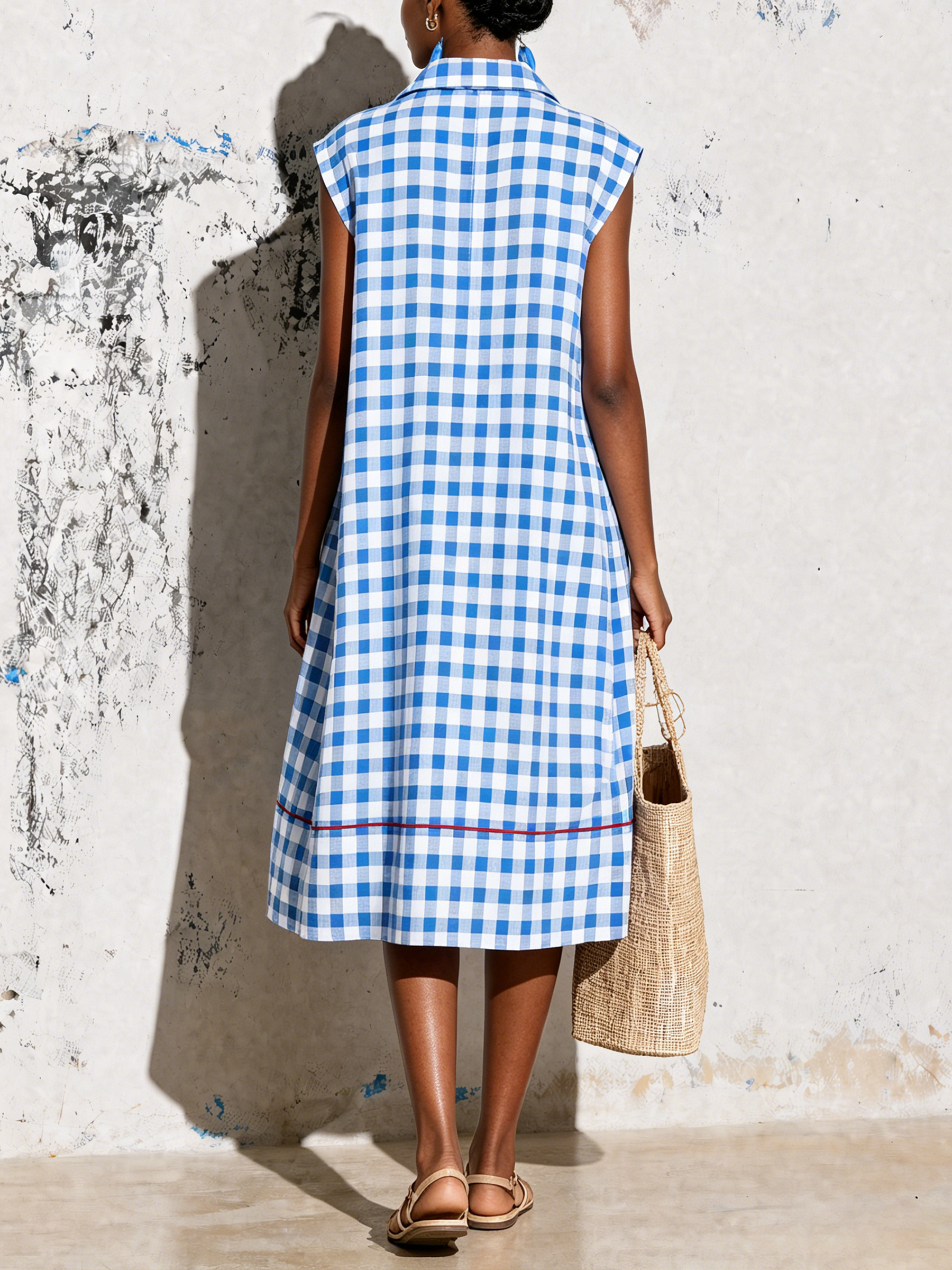 Blue White Gingham Sleeveless Collared Midi Dress With Red Hem