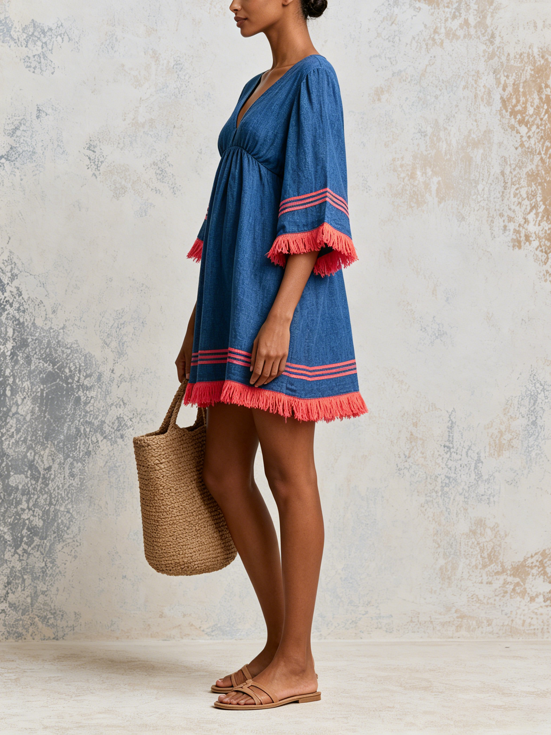 100% Linen Cotton V-Neck Mini Tunic Dress | Flare 3/4 Sleeve Coral Fringe Hem