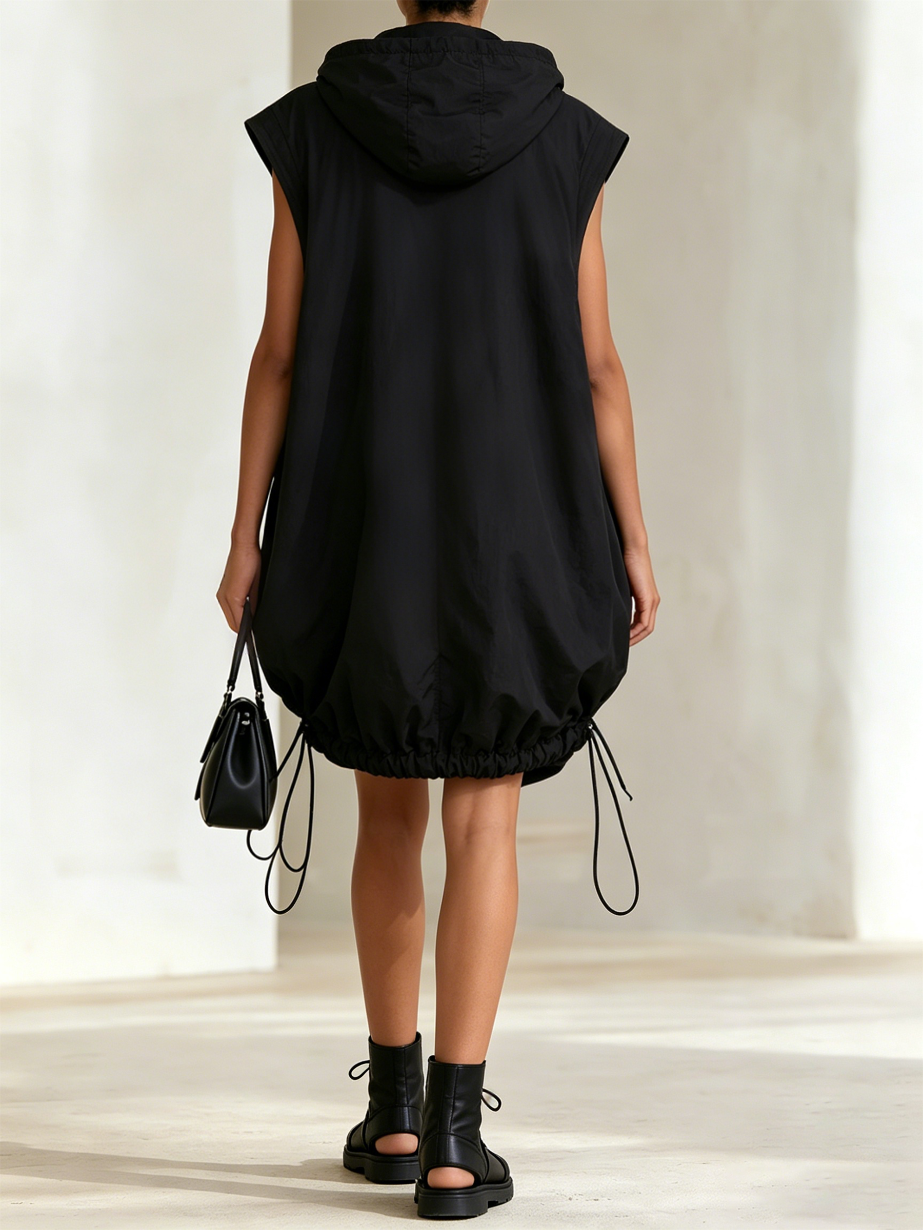 Black Hooded Sleeveless Utility Bubble Hem Mini Dress