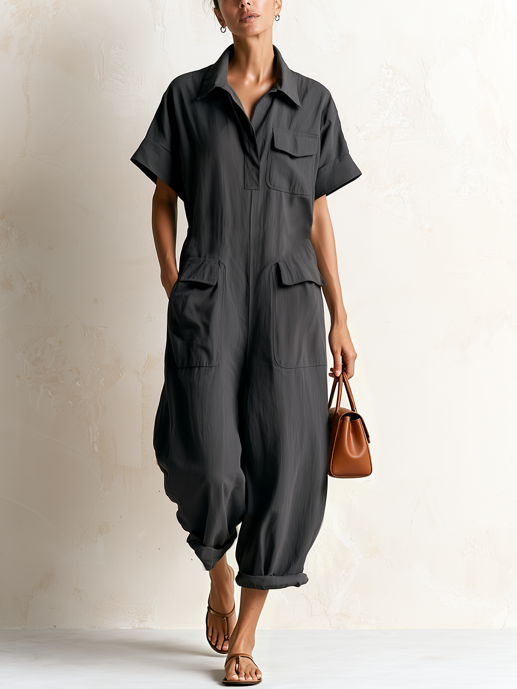 Dark Grey Short Sleeve Cargo Utility Jumpsuit