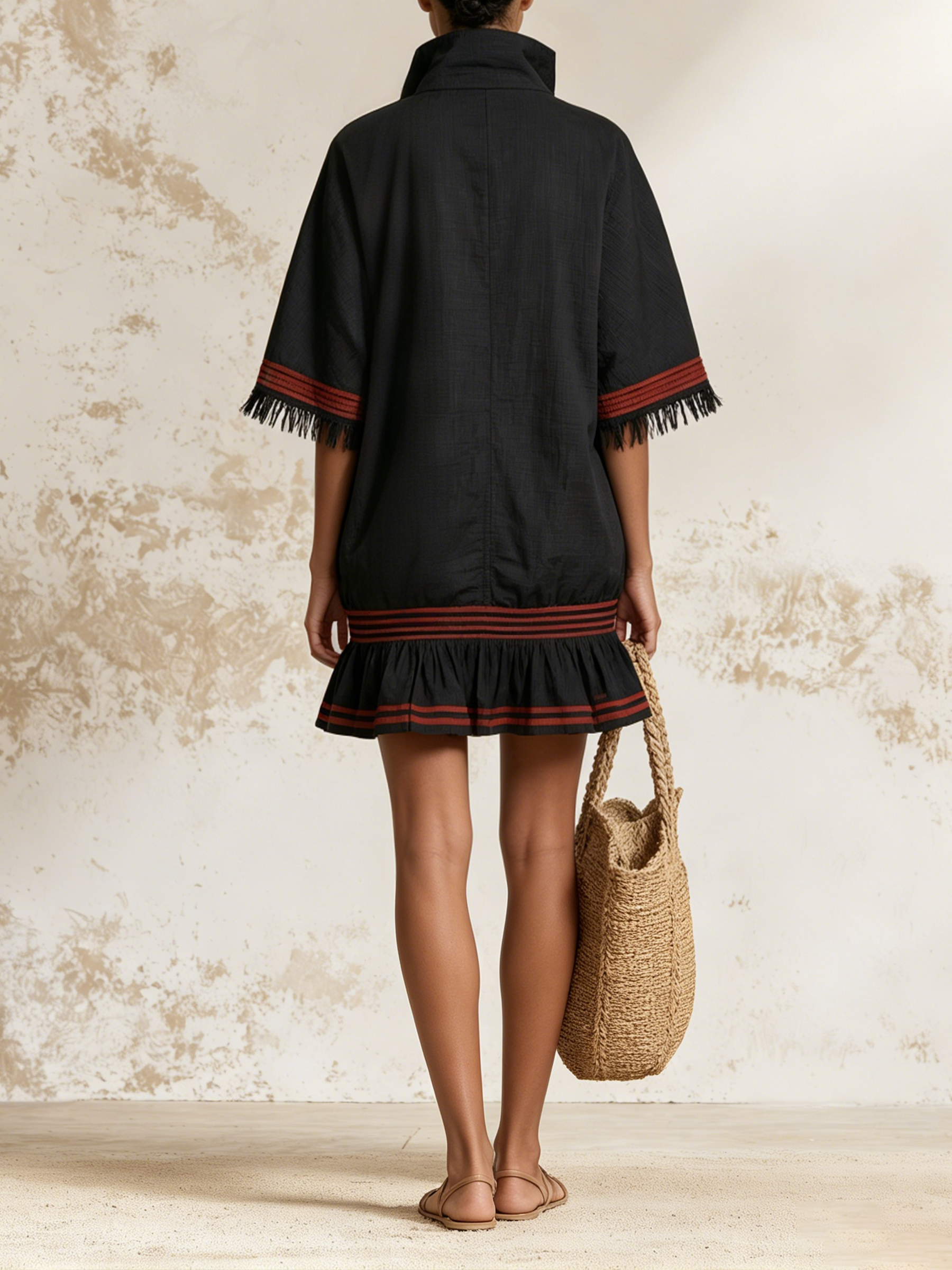 Black Red Striped Fringe Mini Cover-Up Dress