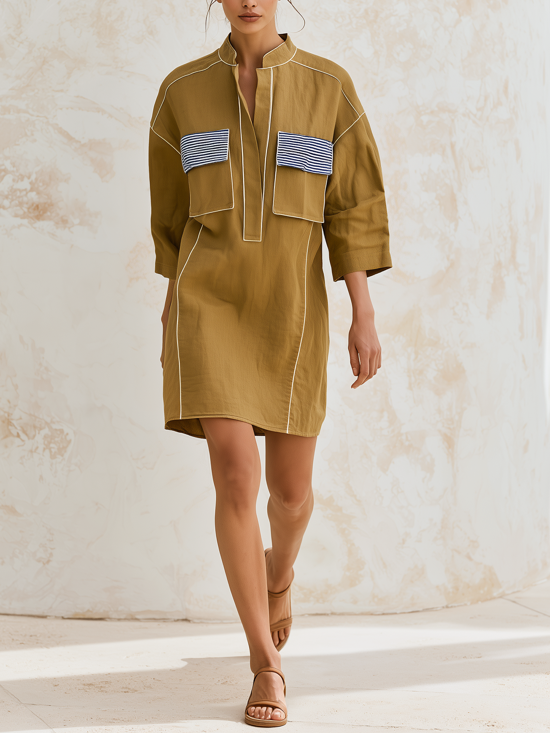 Olive Contrast Stripe Pocket Tunic Shirt Mini Dress