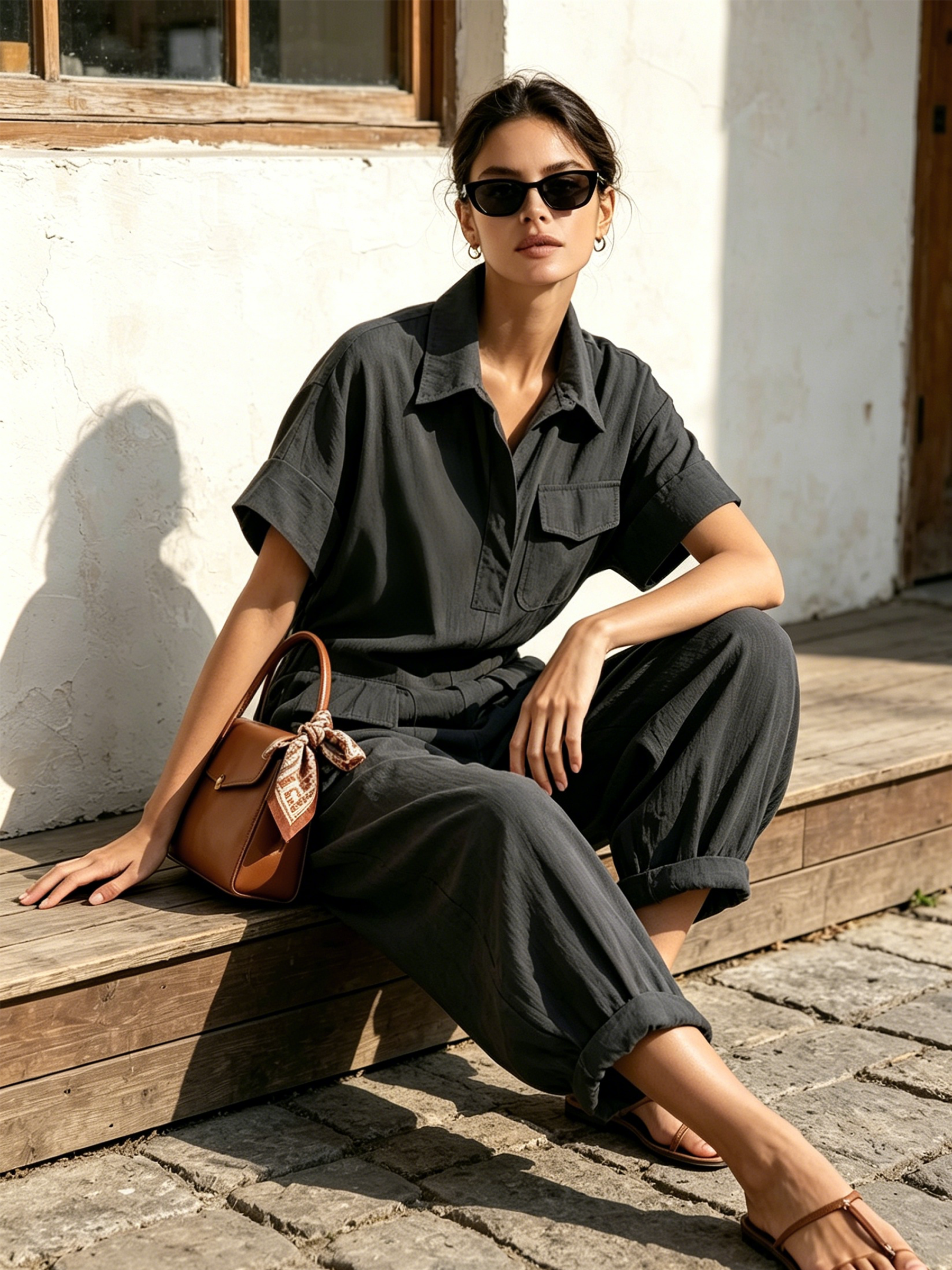 Dark Grey Short Sleeve Cargo Utility Jumpsuit