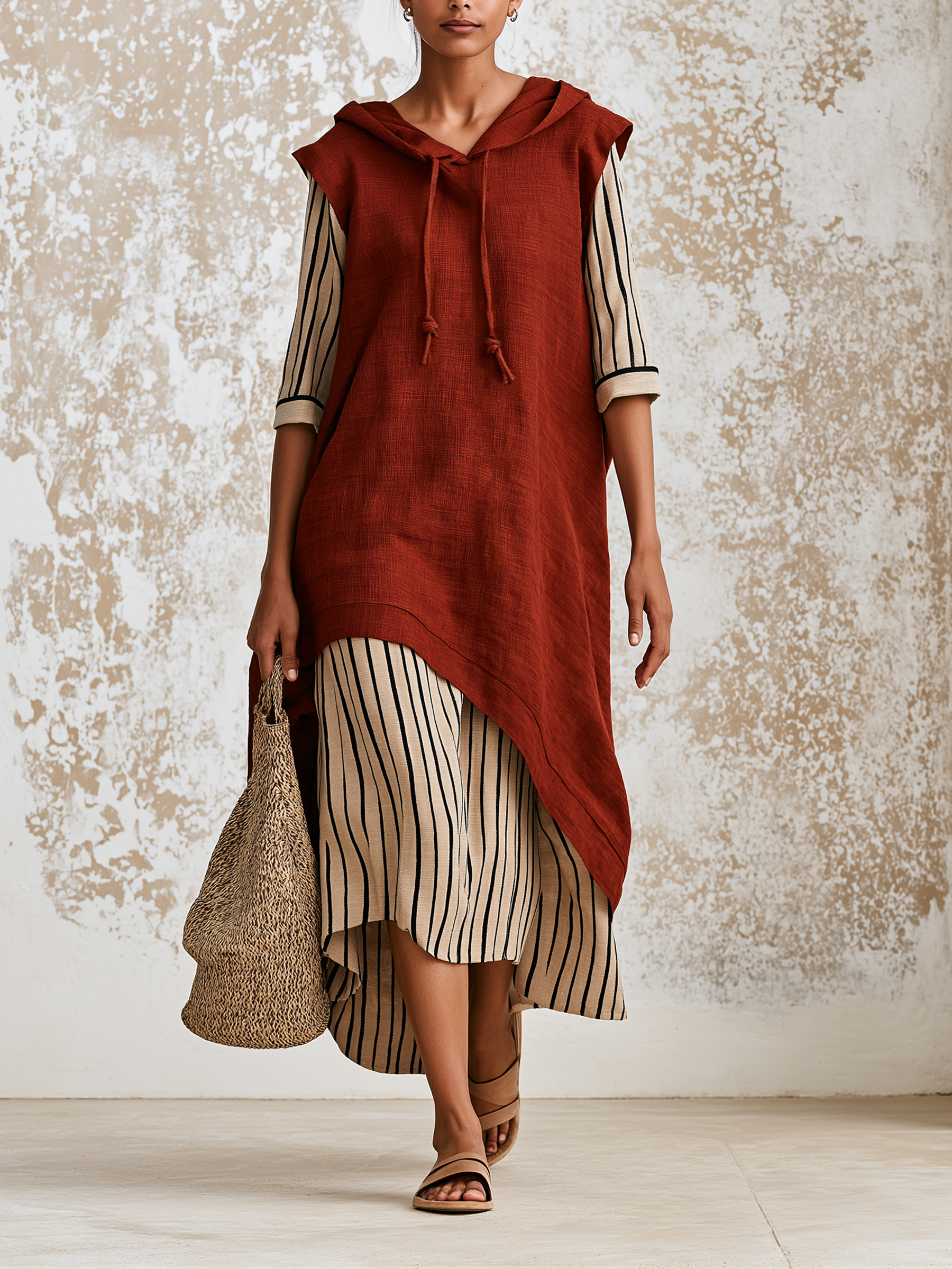 Rust Hooded Sleeveless Linen Midi Dress With Striped Contrast Cuffs & Asymmetrical Spliced Hem