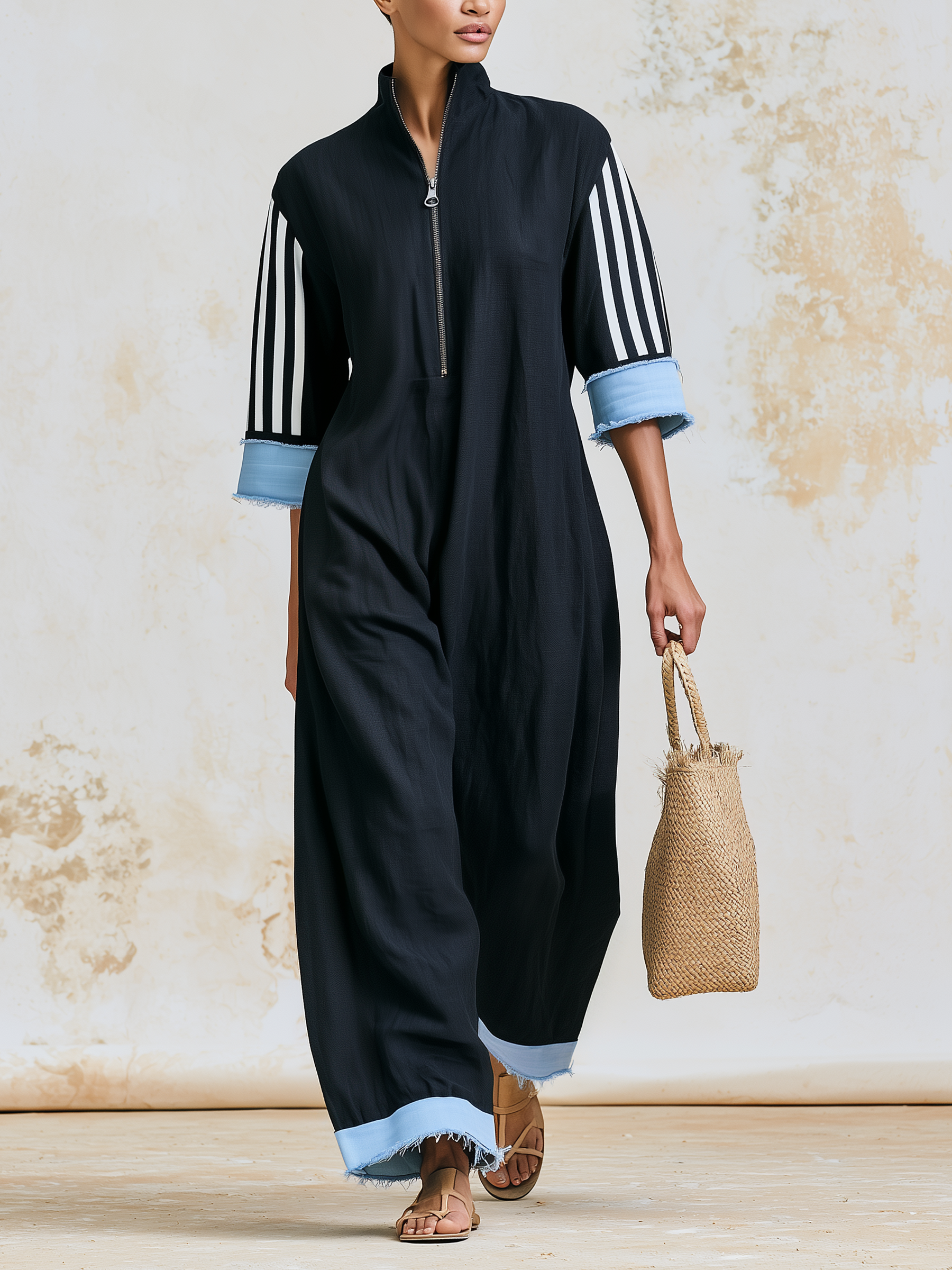 Black Stand Collar Zip Front Striped Sleeve Wide Leg Linen Jumpsuit With Denim Fringe Cuffs