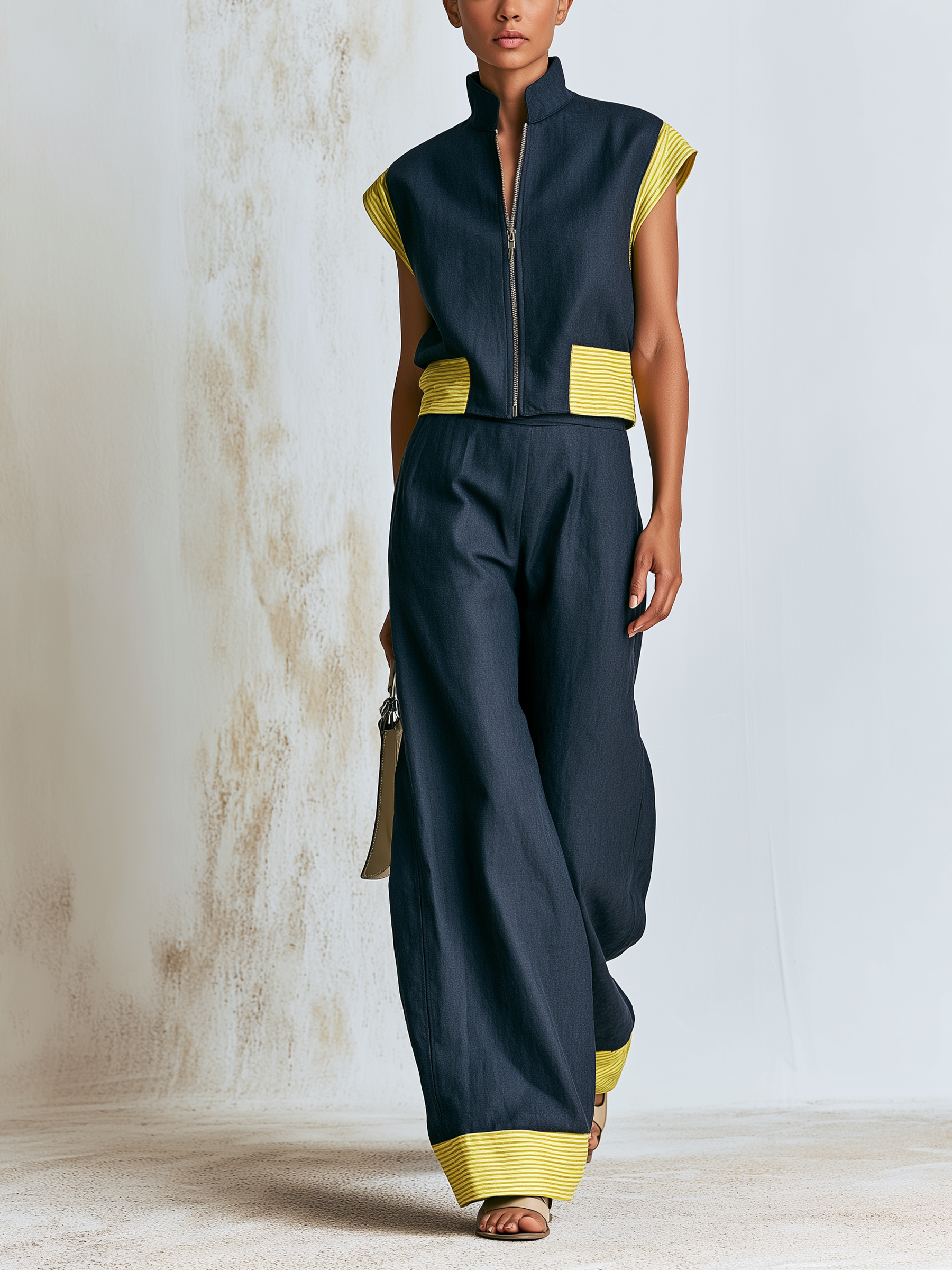 Dark Woven Stand Collar Zip Sleeveless Vest & Wide Leg Pants 2-Piece Set With Yellow Thin Stripe Color Block Trim