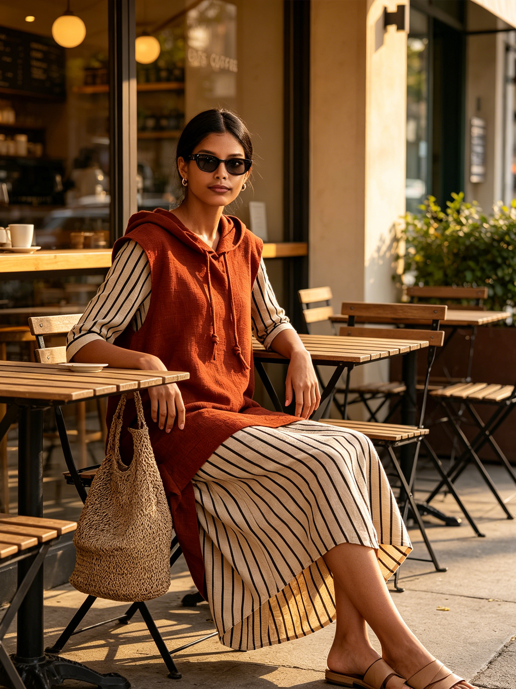 Rust Hooded Sleeveless Linen Midi Dress With Striped Contrast Cuffs & Asymmetrical Spliced Hem