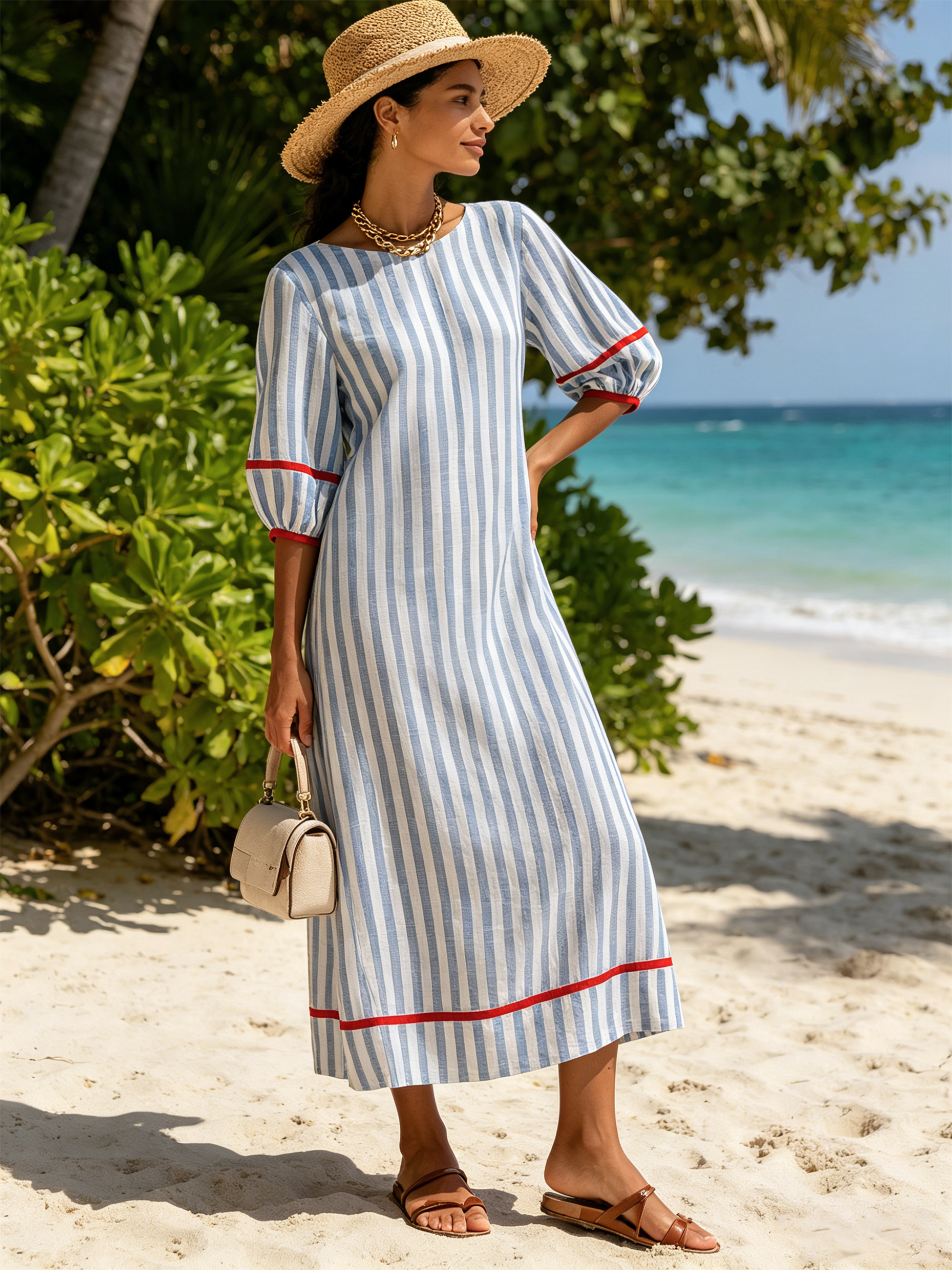 Blue & White Vertical Stripe Midi Shift Dress With Red Contrast Trim