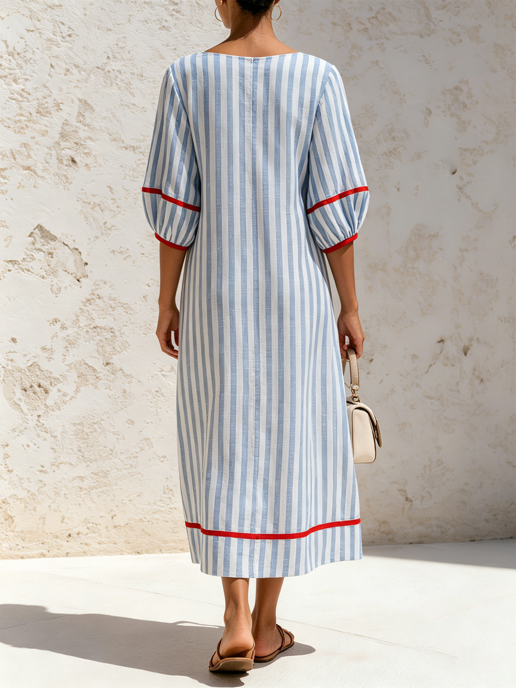 Blue & White Vertical Stripe Midi Shift Dress With Red Contrast Trim