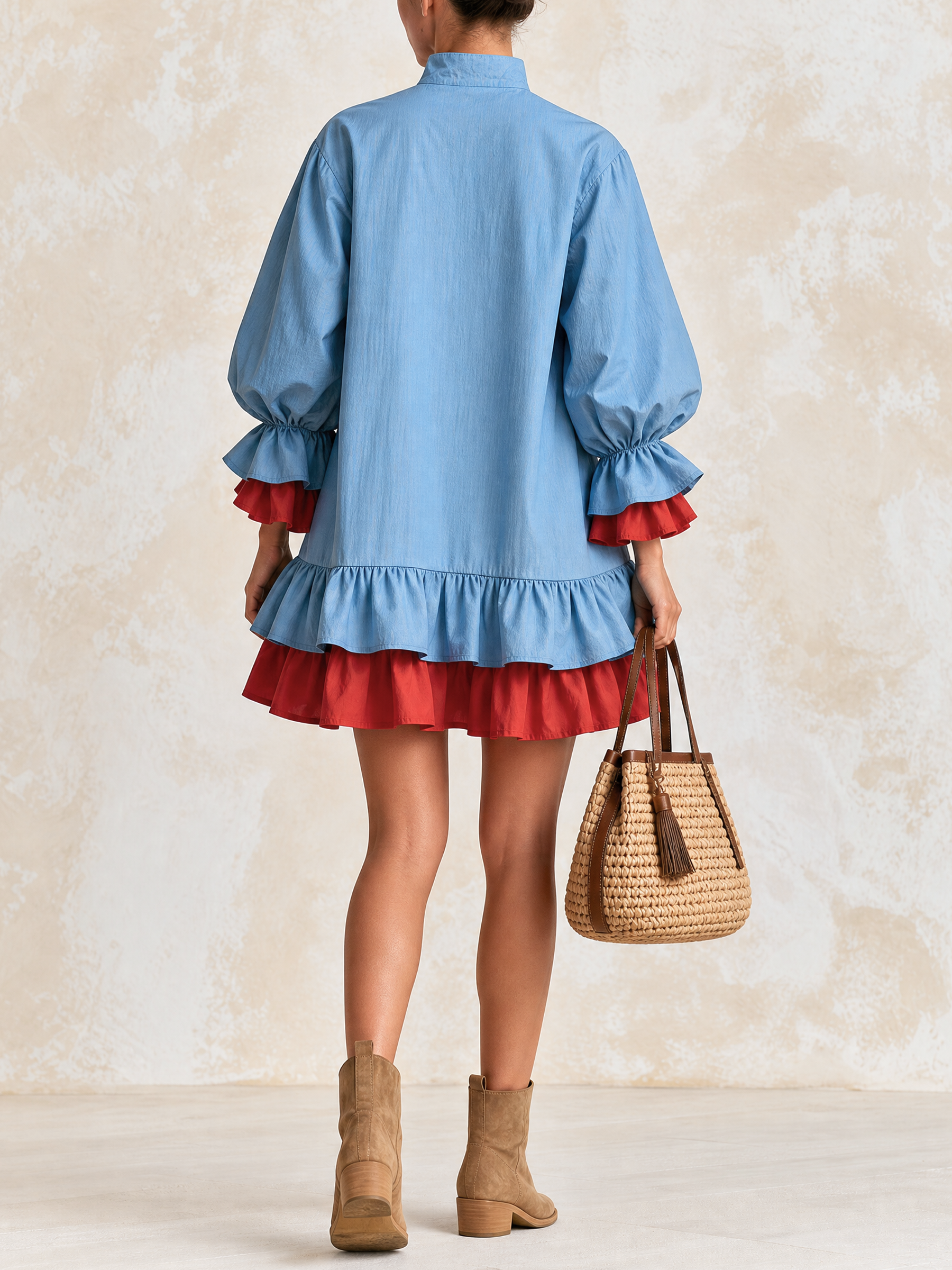 Blue Layered Red Ruffle Mini Tunic Dress
