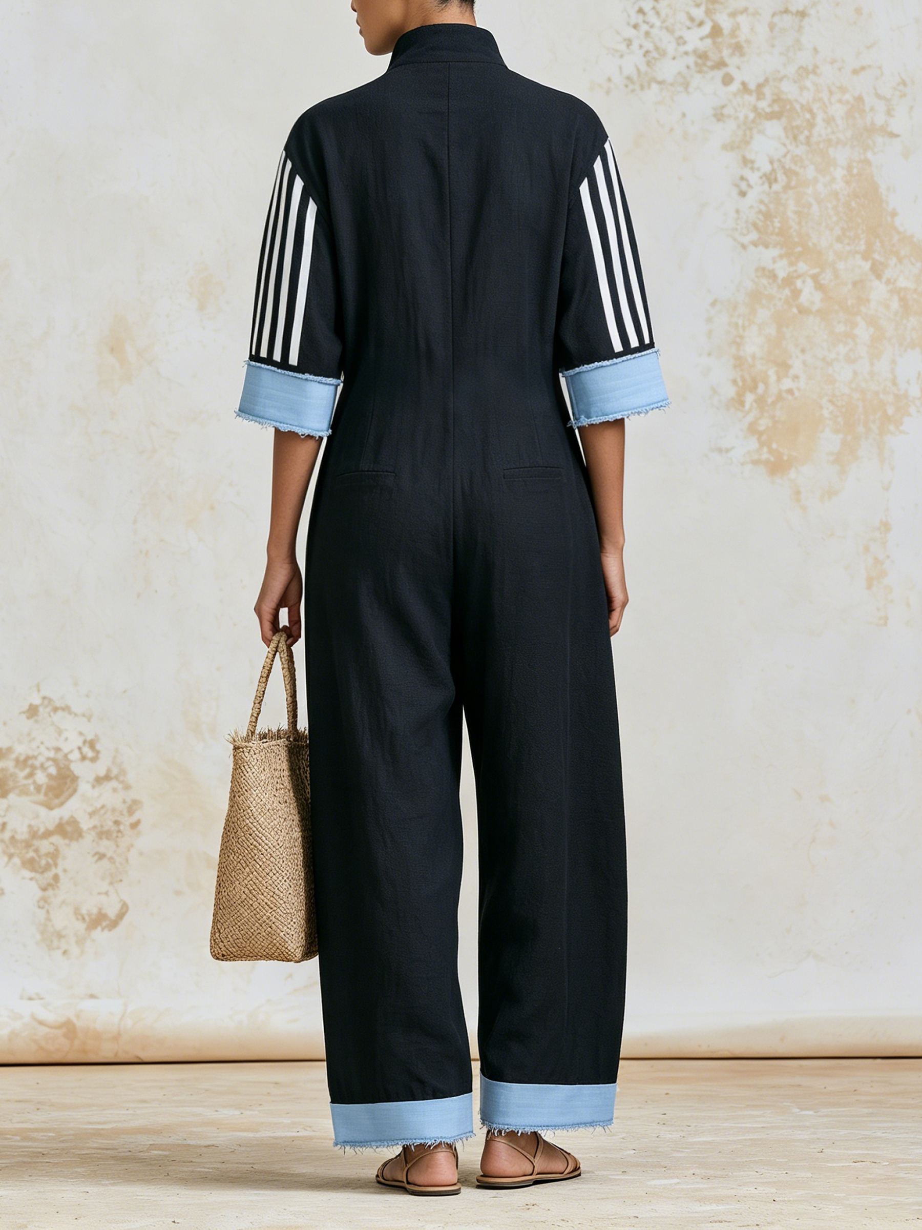 Black Stand Collar Zip Front Striped Sleeve Wide Leg Linen Jumpsuit With Denim Fringe Cuffs