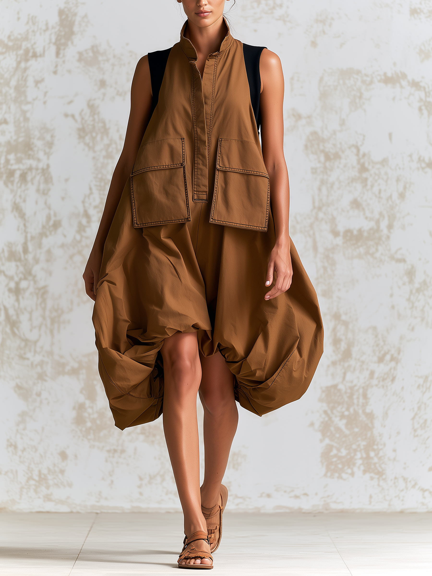 Brown Sleeveless Utility Balloon Hem Mini Dress