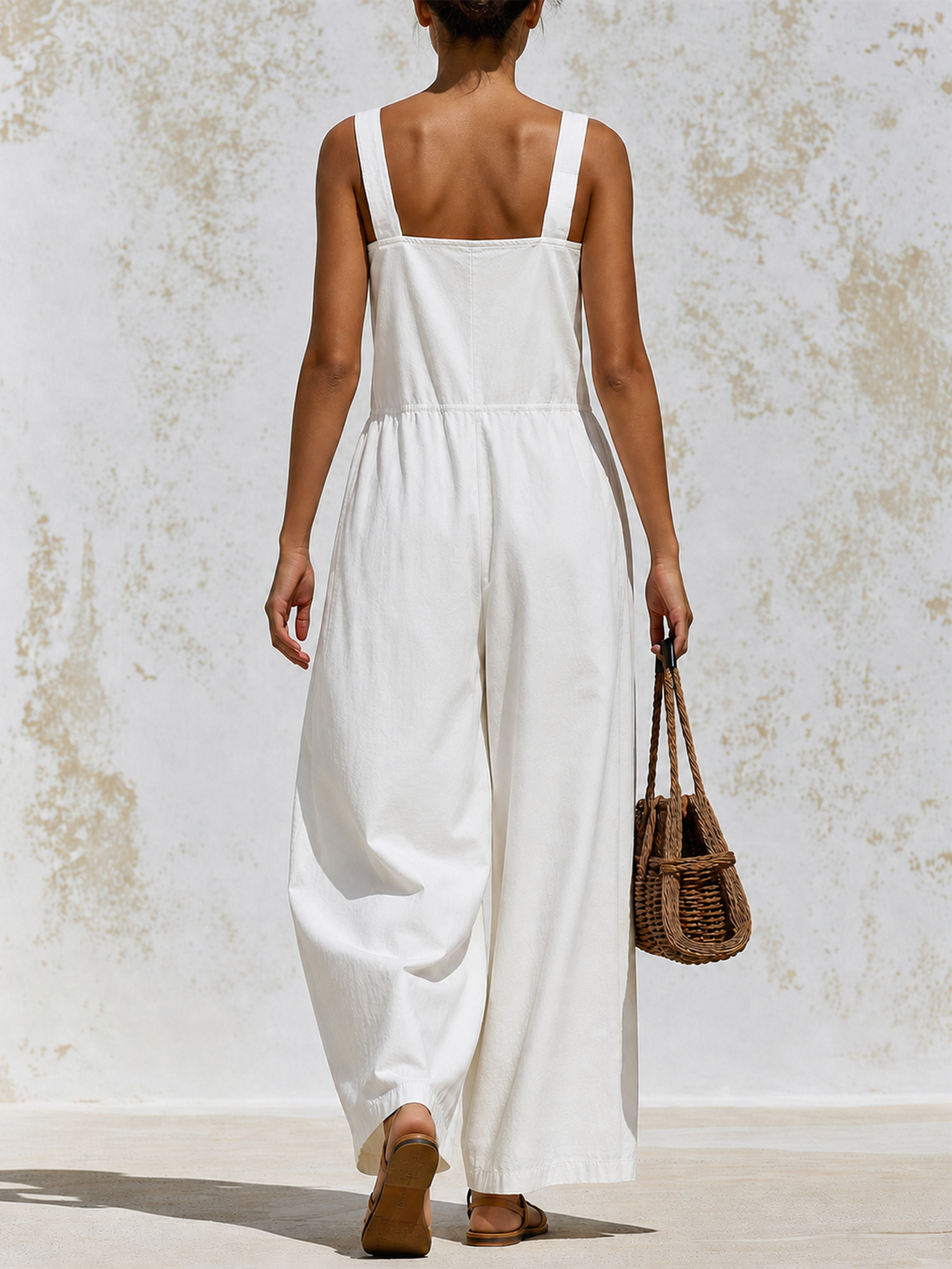White Adjustable Strap Cargo Wide-Leg Jumpsuit