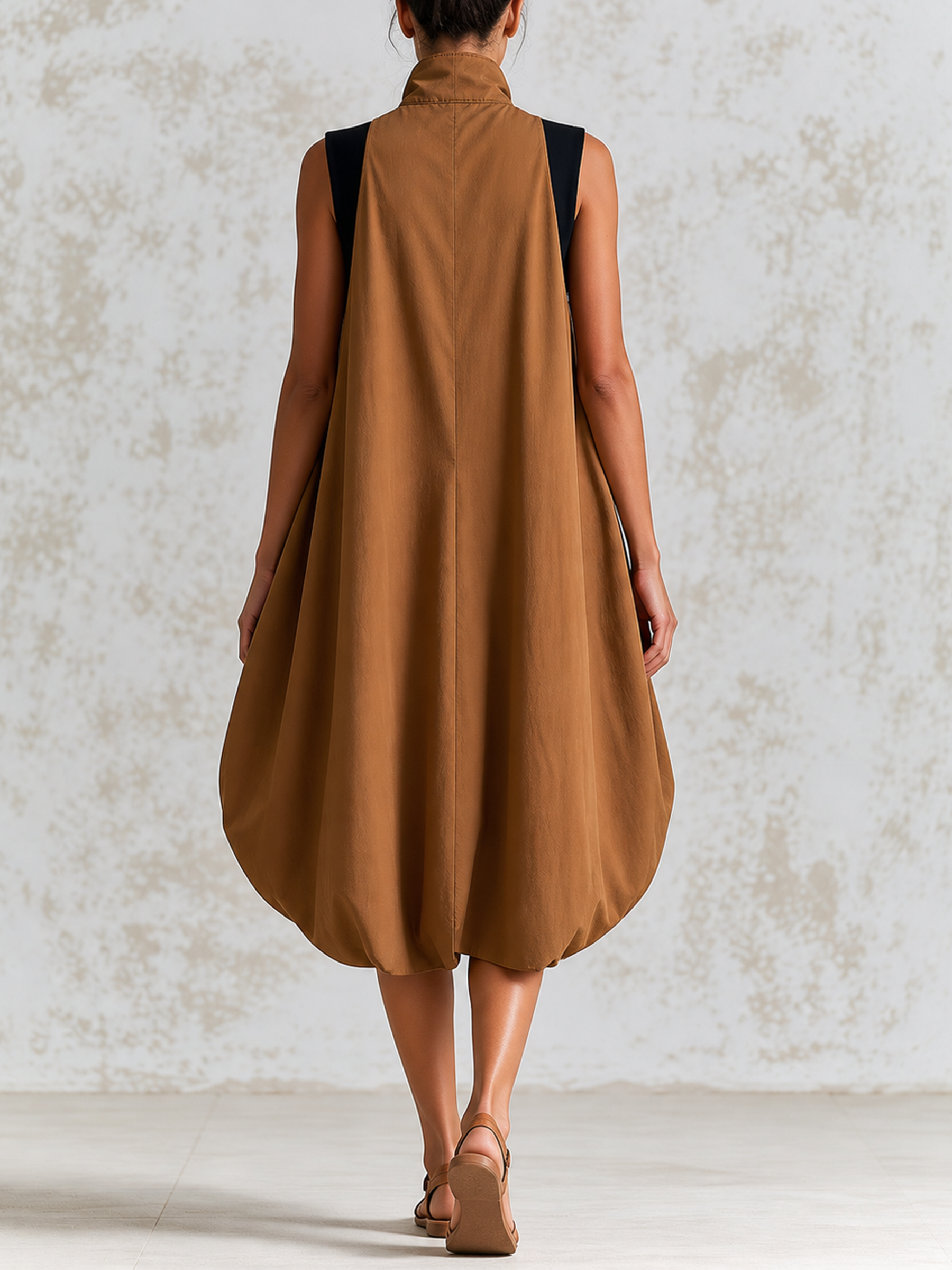 Brown Sleeveless Utility Balloon Hem Mini Dress