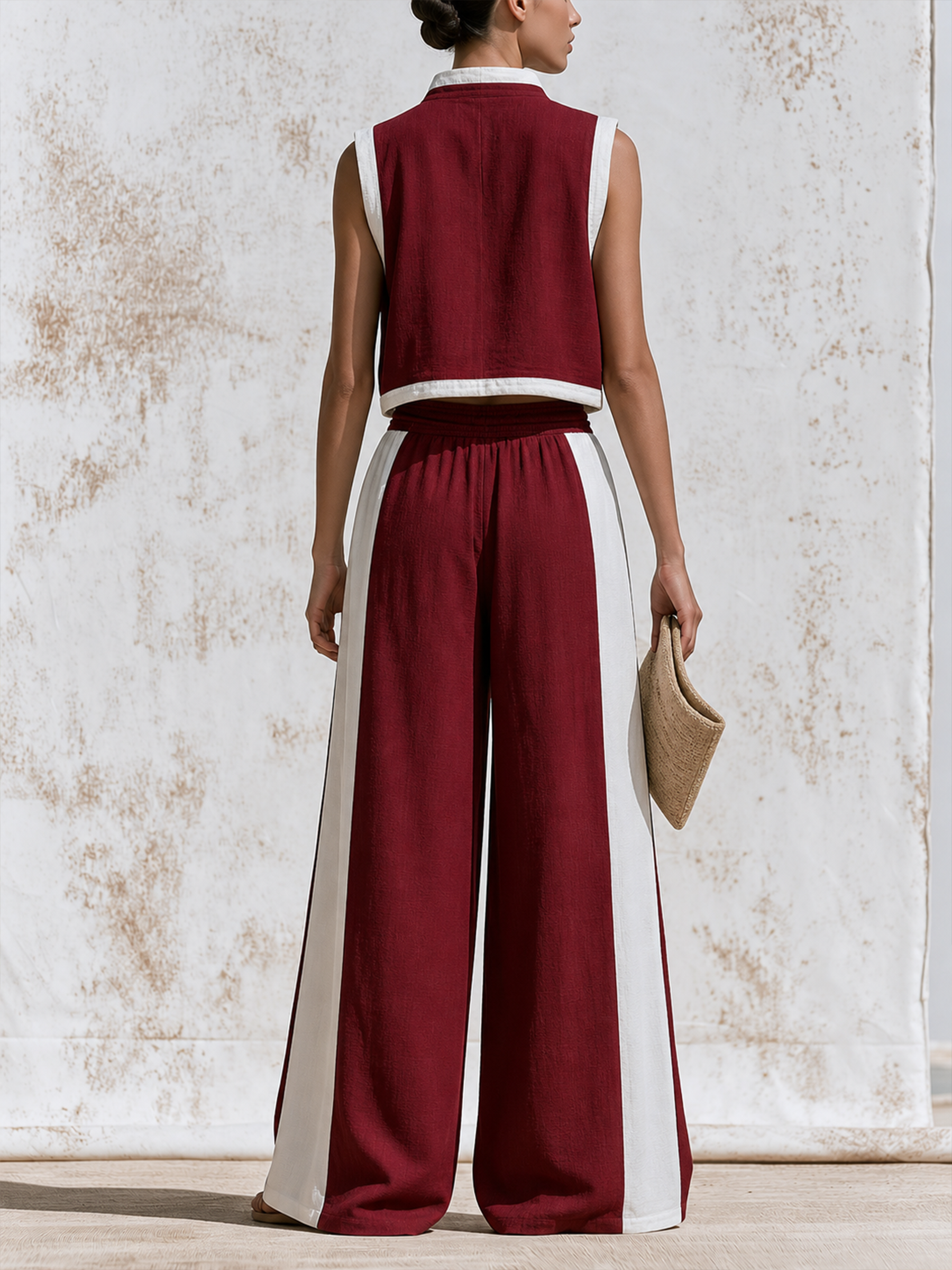 Red & White Cotton-Linen Sleeveless Zip Vest And Wide Leg Pants Set