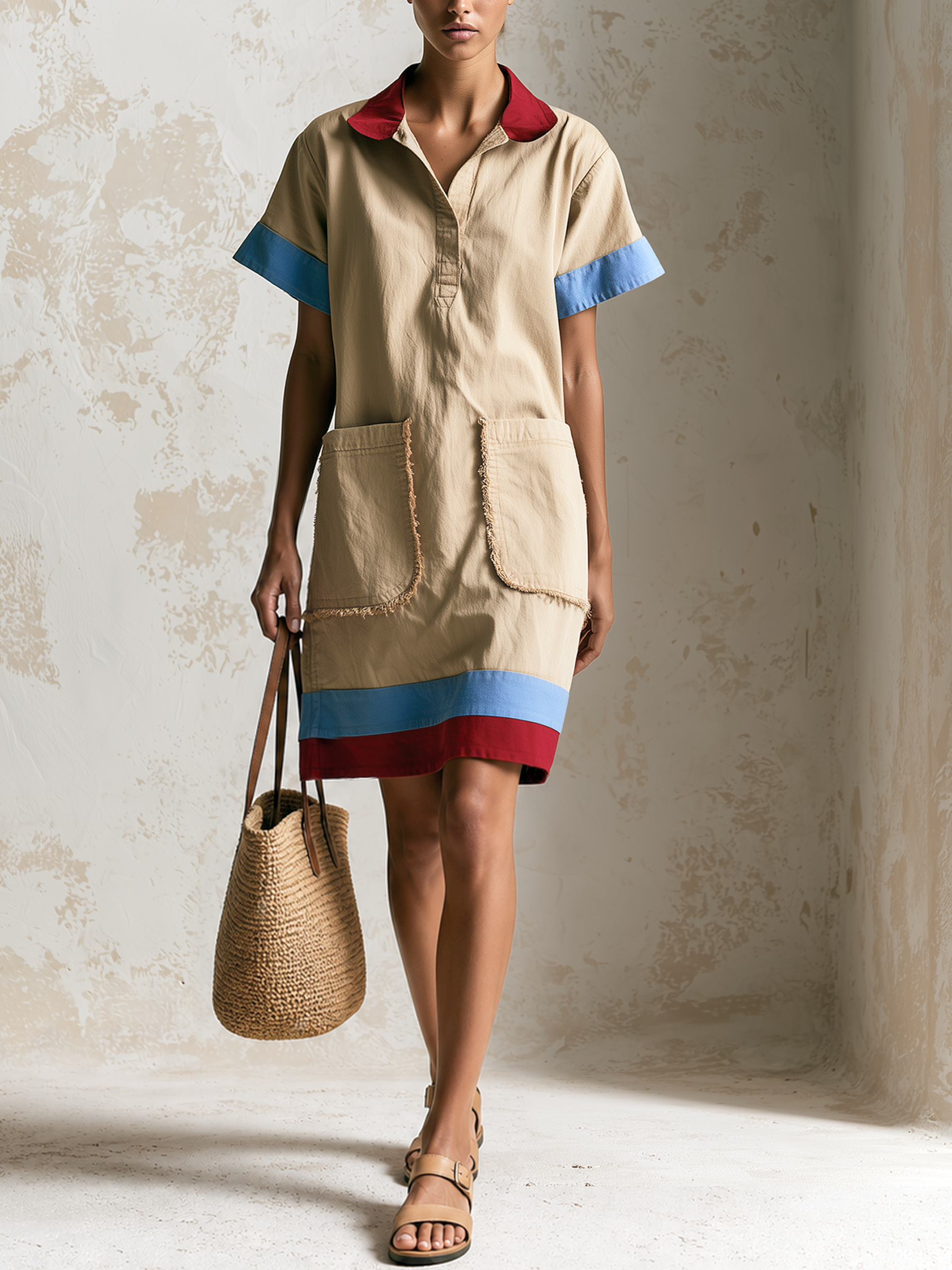 Khaki Color Block Collared Short Sleeve Shirt Mini Dress