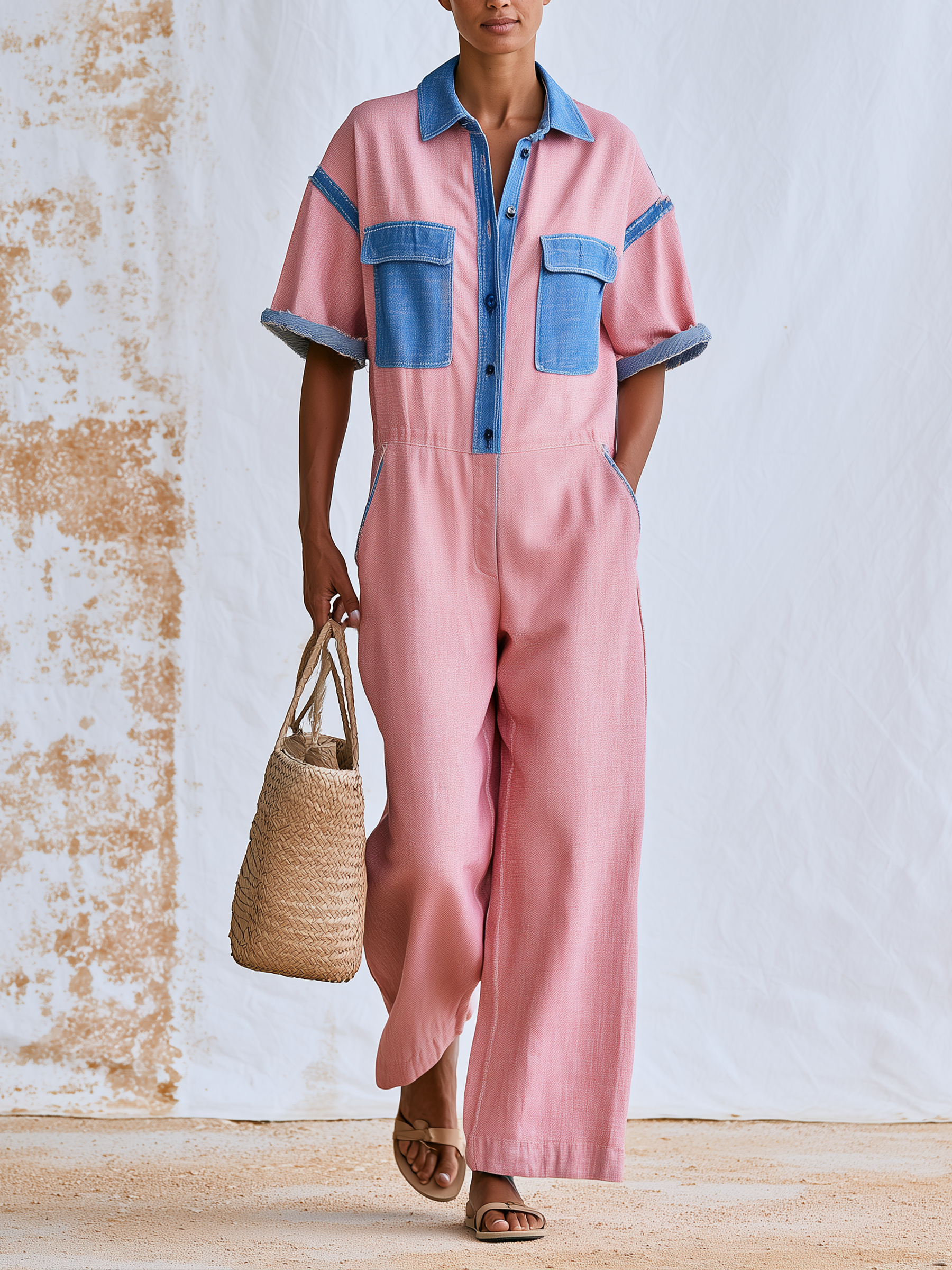 Pink Linen Cotton Color Block Short Sleeve Wide Leg Jumpsuit With Denim Contrast Trim