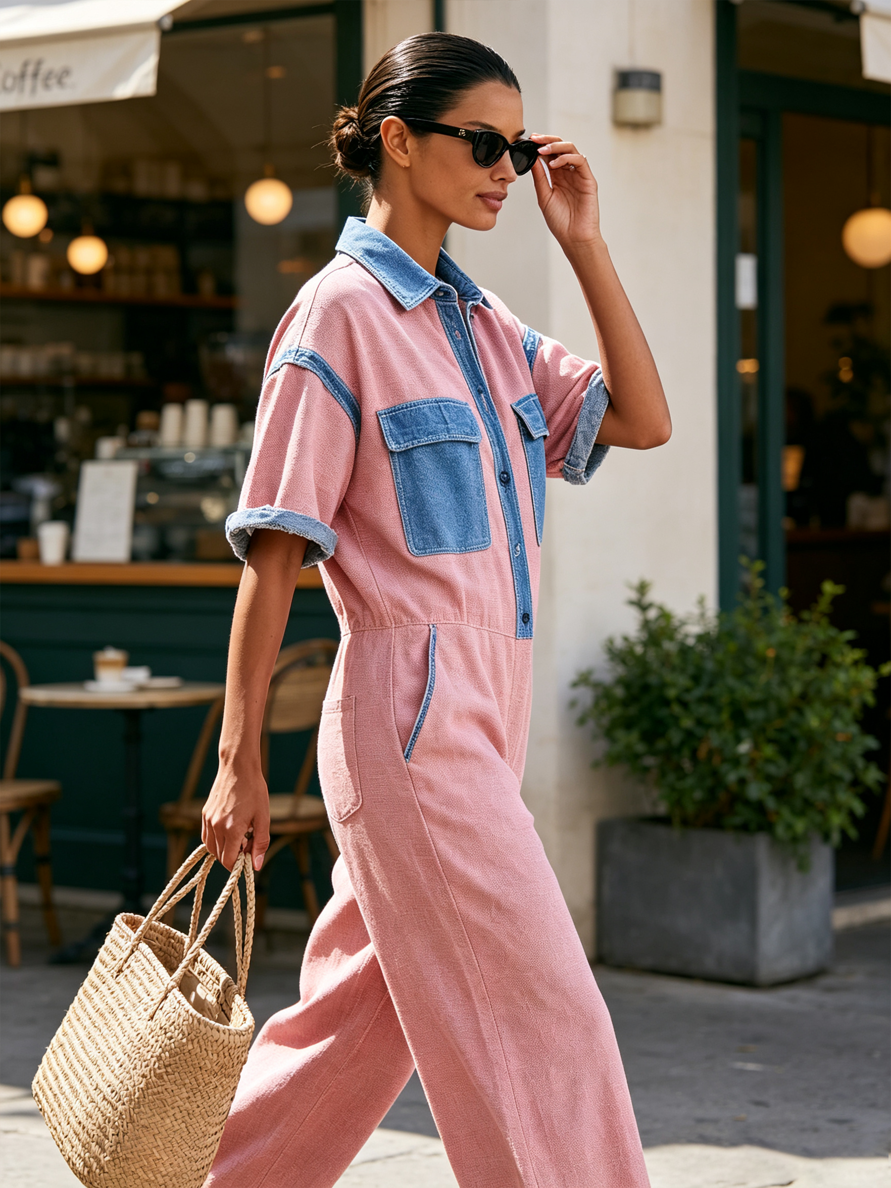 Pink Linen Cotton Color Block Short Sleeve Wide Leg Jumpsuit With Denim Contrast Trim